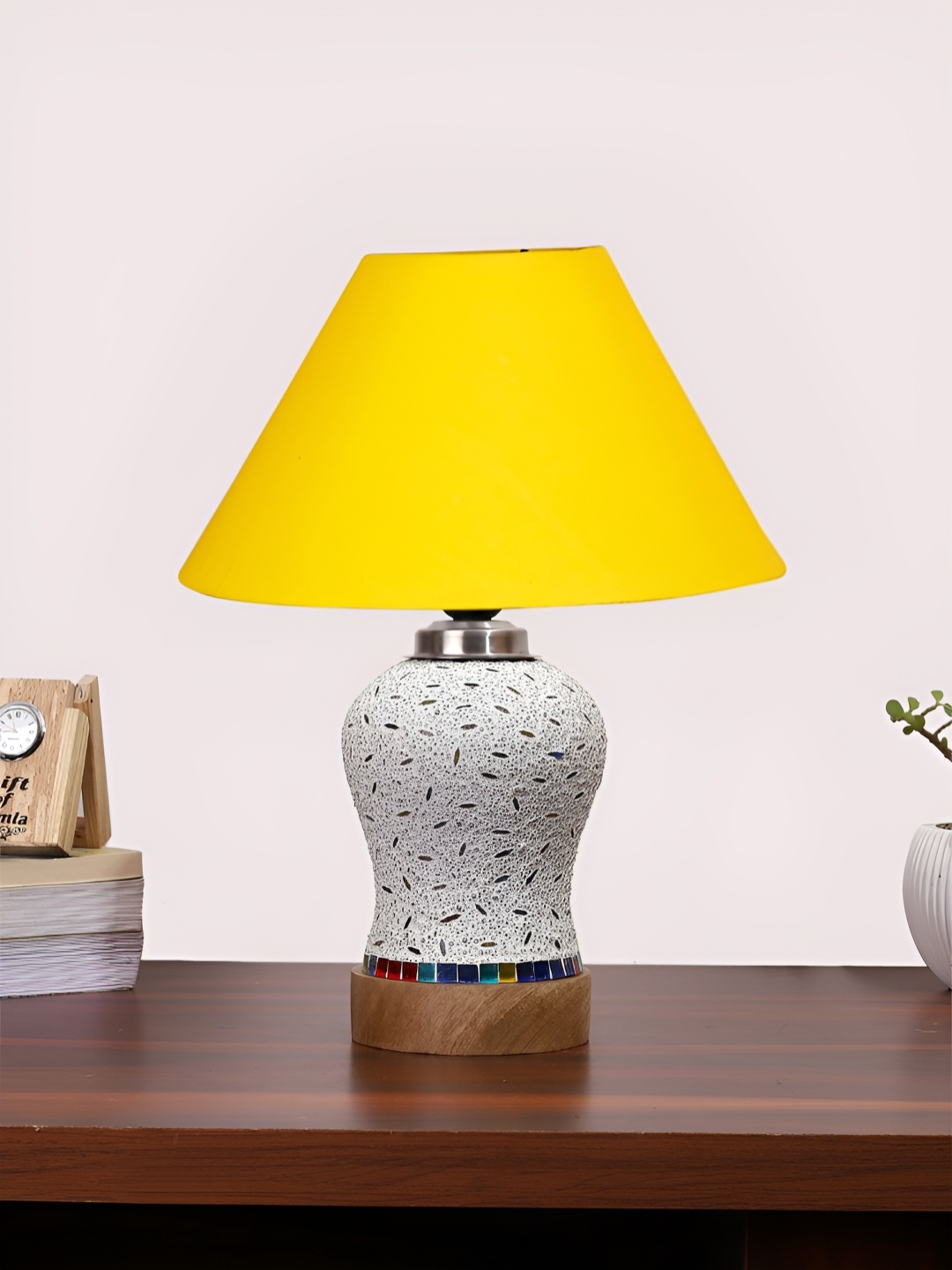 

Devansh Yellow & White Textured Wooden Frustum Shaped Table Lamp With Mosaic Glass Base