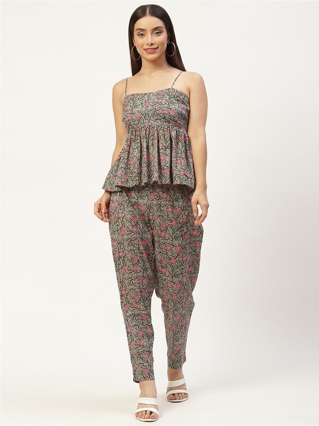 

KALINI Printed Shoulder Straps Pure Cotton Top With Trouser, Green