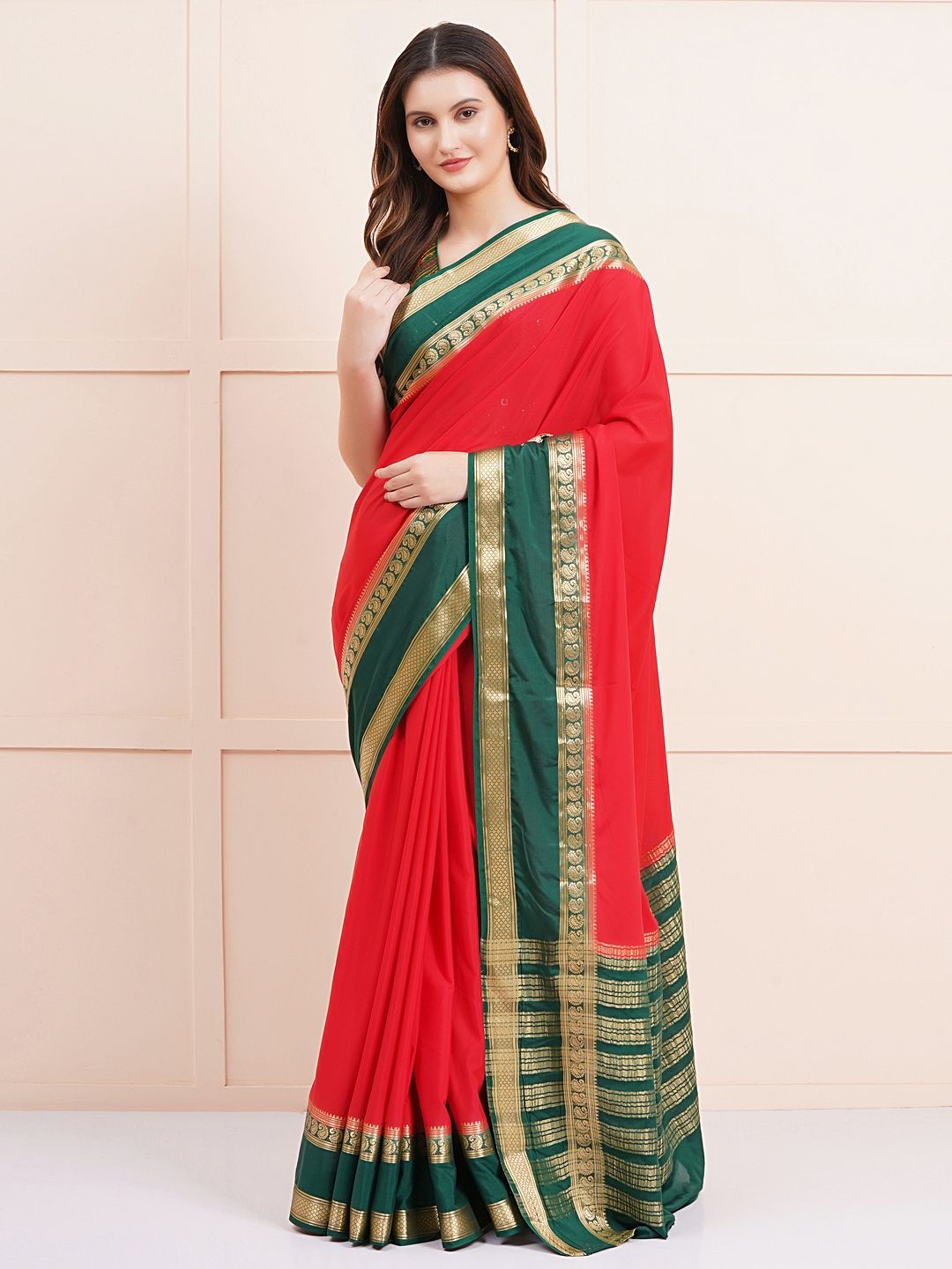 

SANJAR CREATION Woven Design Zari Silk Blend Mysore Silk Saree, Red