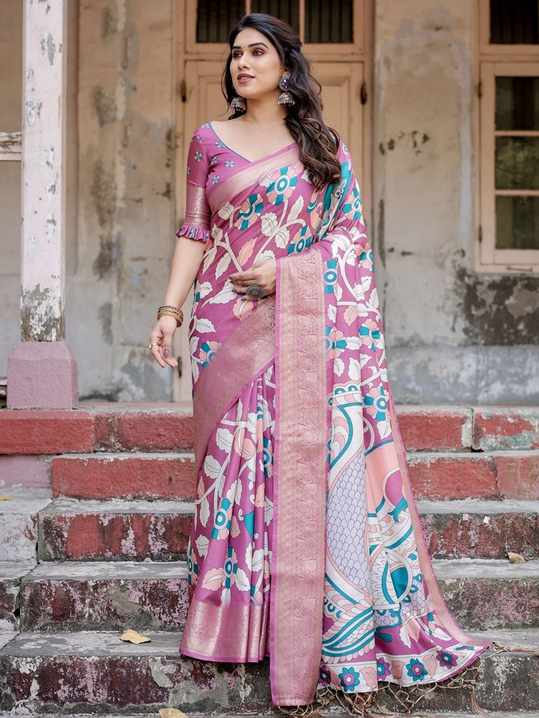 

ALMAARI FASHION Ethnic Motifs Printed Woven Design Zari Pure Silk Jamdani Saree, Pink