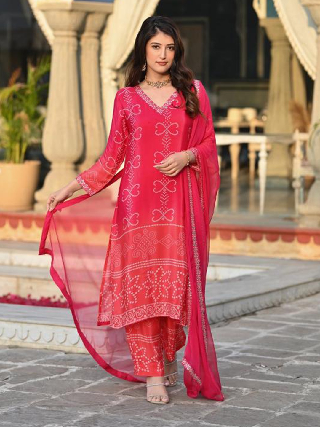

Fashion Basket Bandhani Printed V-Neck Straight Kurta With Palazzo And Dupatta, Red