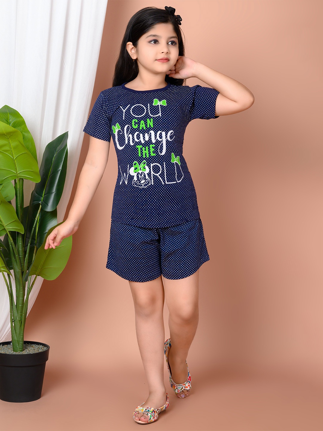 

BARKAT DESIGNING PLANET Girls Printed Round Neck T-shirt With Shorts, Navy blue