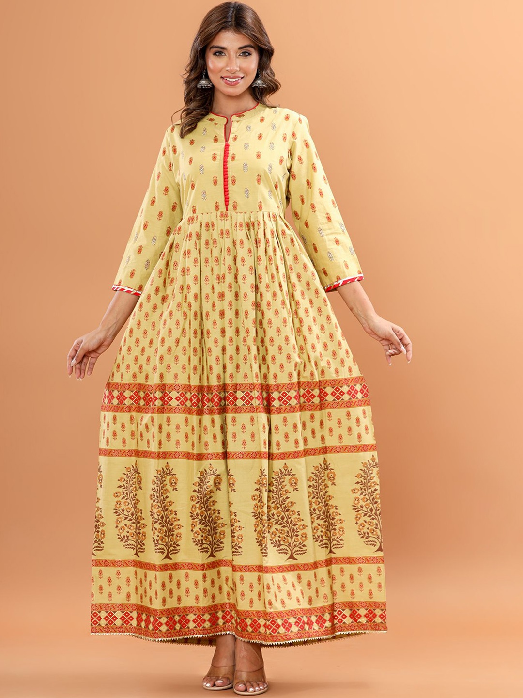 

Anootha Floral Printed Pleated Mandarin Collar Pure Cotton Maxi Dress, Mustard