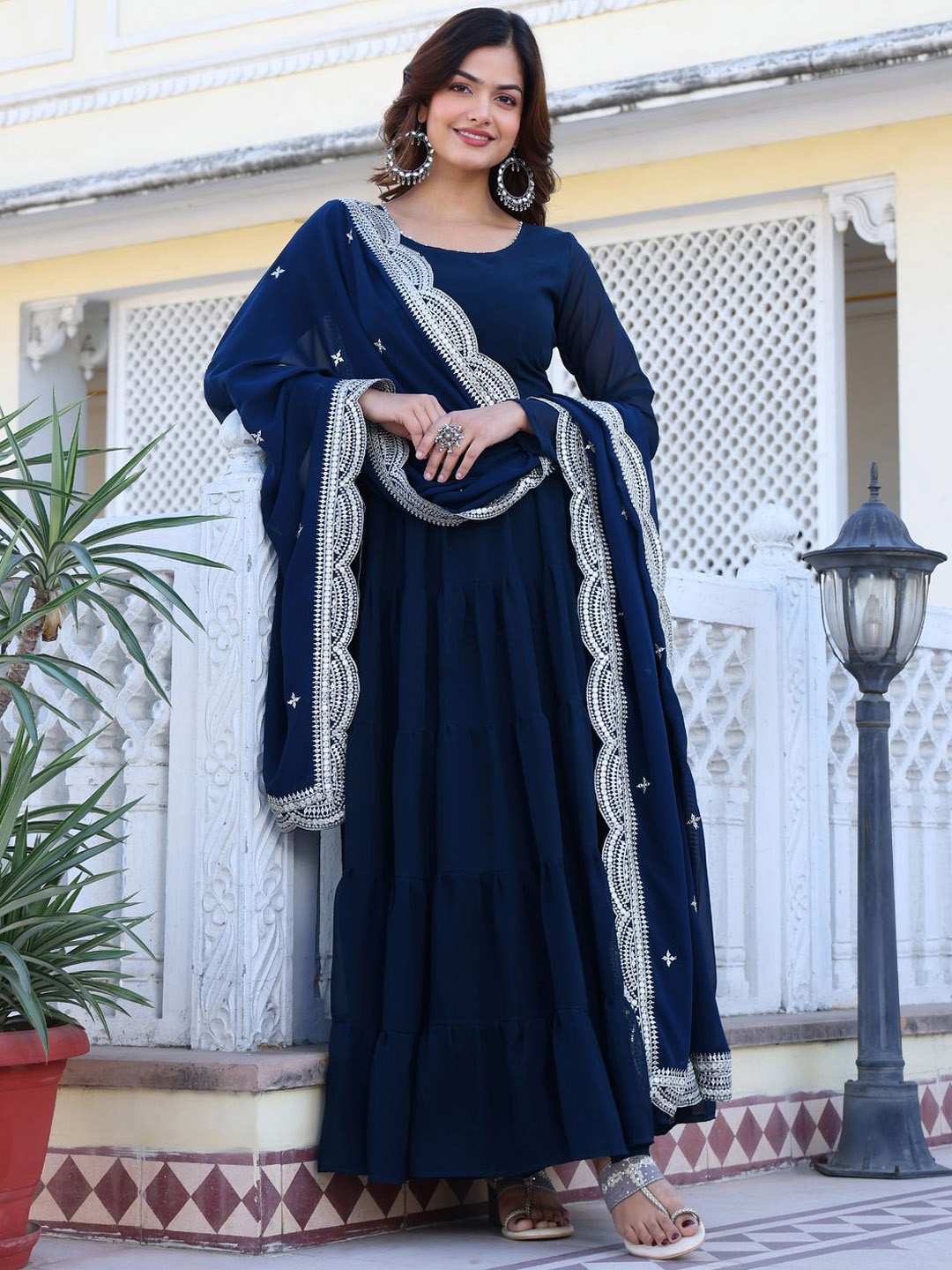 

Ethnic Yard Layered Georgette Anarkali Kurta With Pyjamas And Dupatta, Turquoise blue