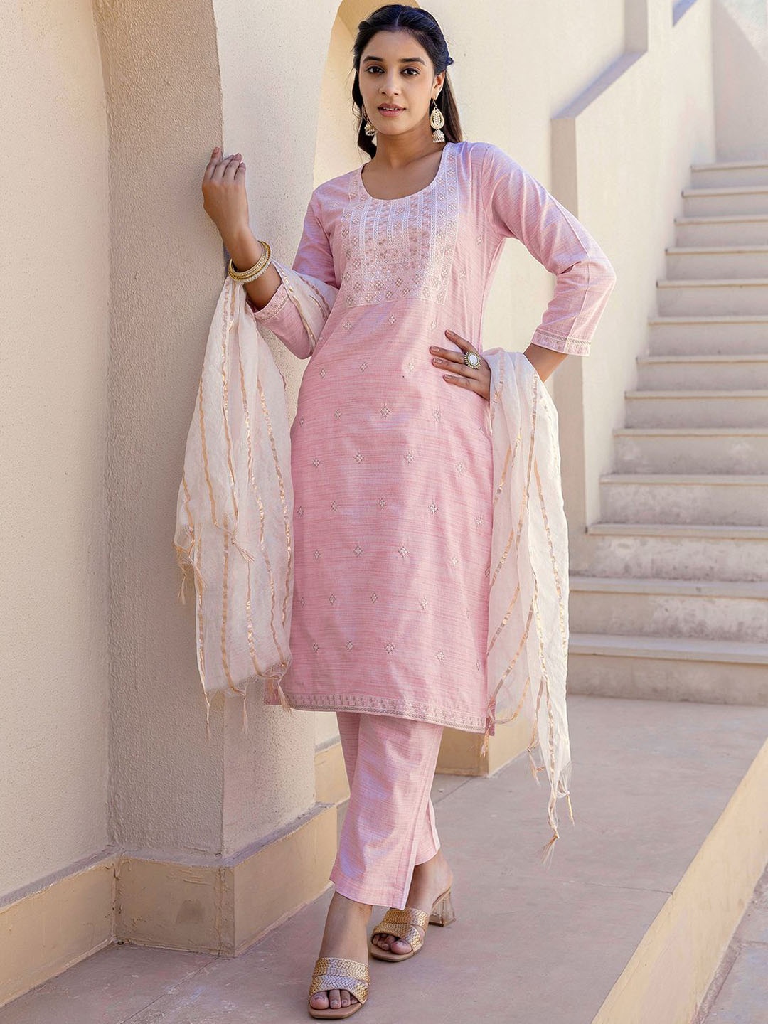 

KALINI Floral Embroidered Round Neck Straight Kurta With Trousers & Dupatta, Pink