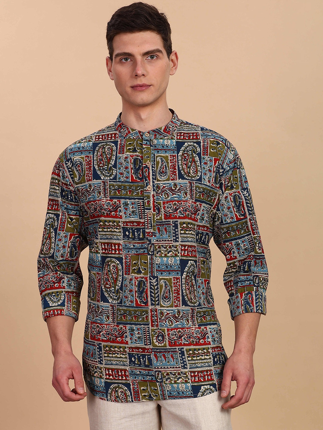 

Anouk Ethnic Motifs Printed Band Collar Pure Cotton Short Straight Kurta, Blue