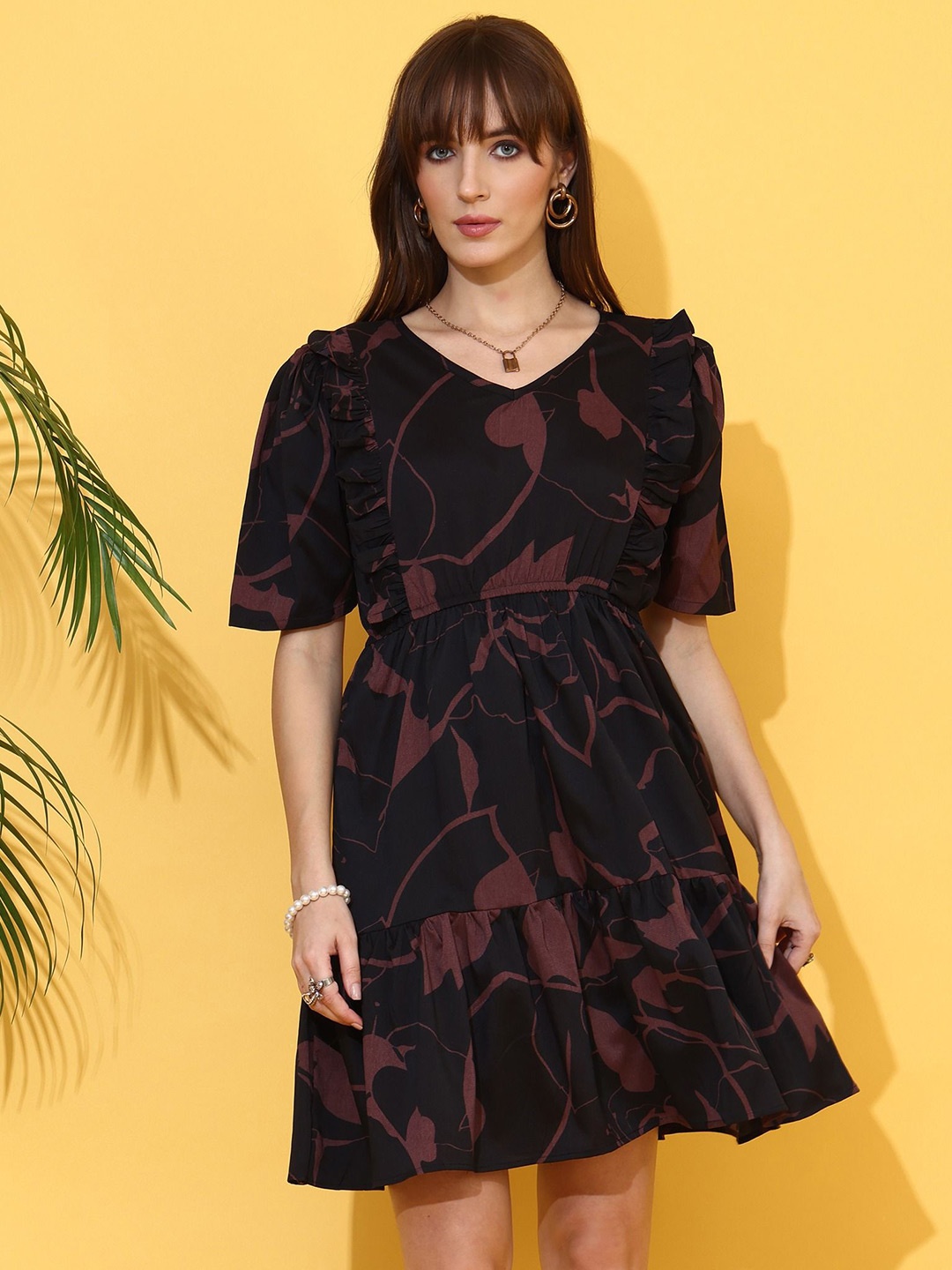 

De La Moda Floral Print Puff Sleeve Crepe Fit & Flare Mini Dress, Black