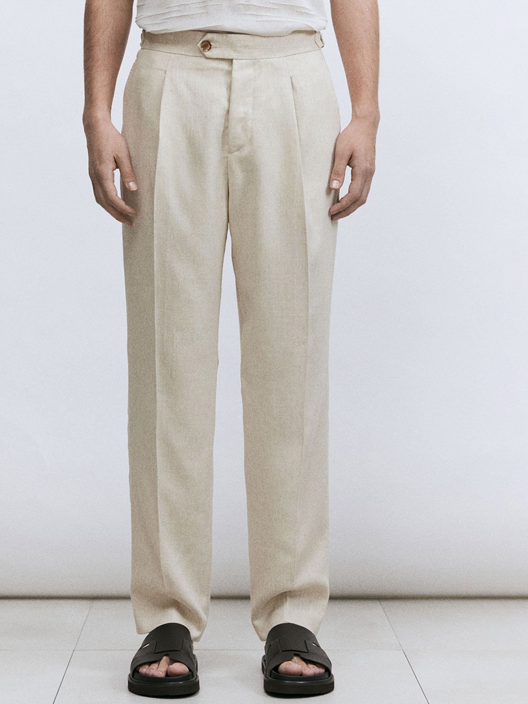 

H&M Regular Fit Linen-Blend Suit Trousers, Beige