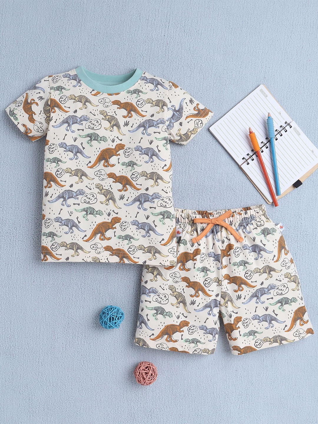 

BUMZEE Boys Printed Round Neck Pure Cotton T-Shirt With Shorts, Beige