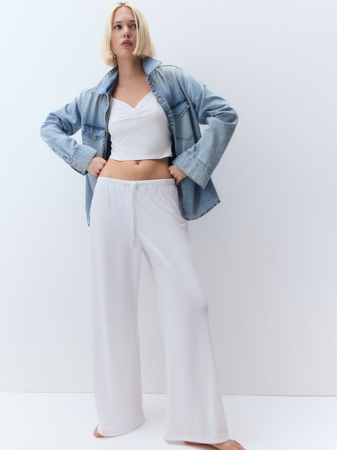 

H&M Women Straight Drawstring Trousers, White