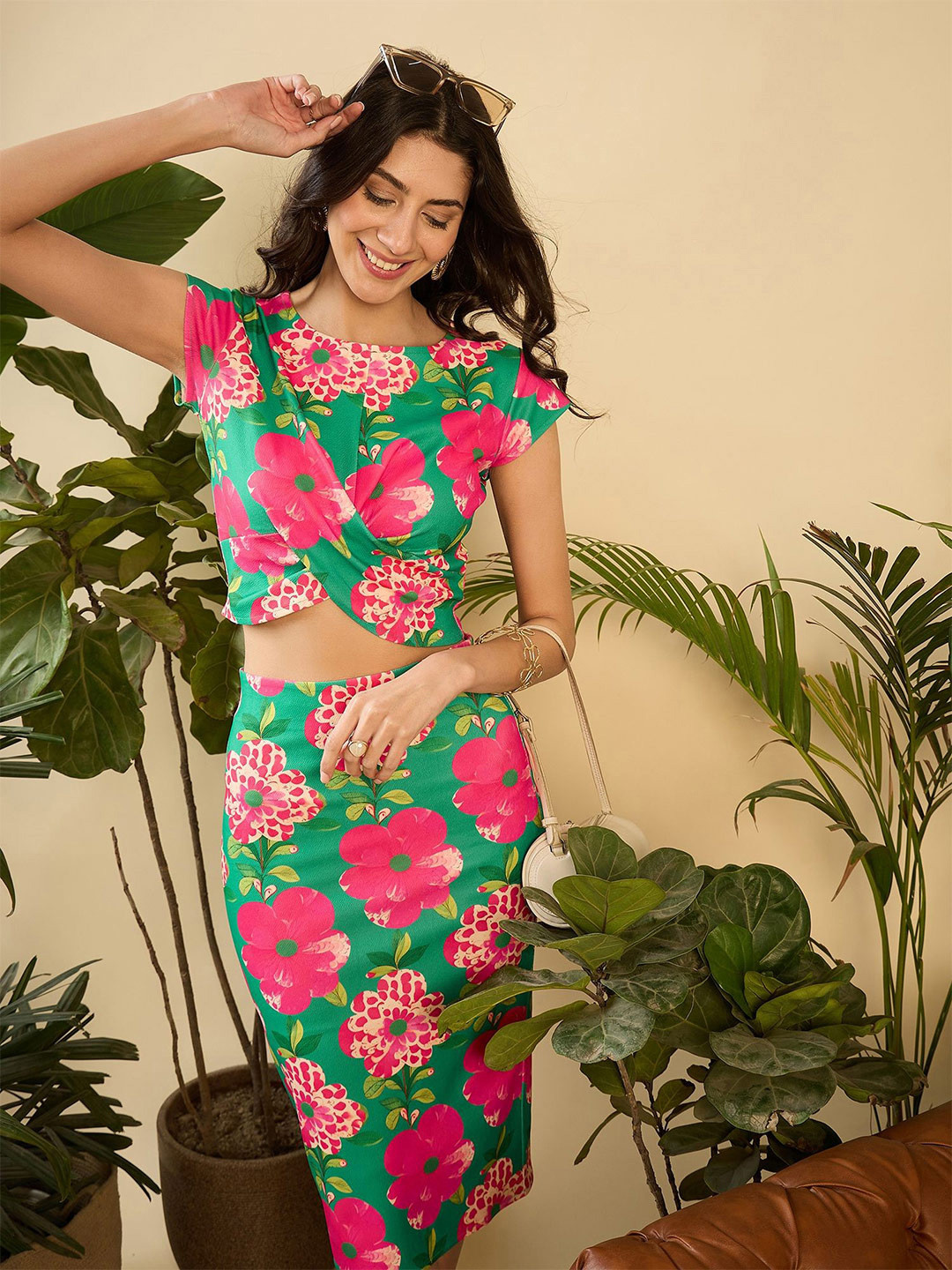 

MABISH by Sonal Jain Printed Front Twist Crop Top With Pencil Skirt Co-Ords, Green