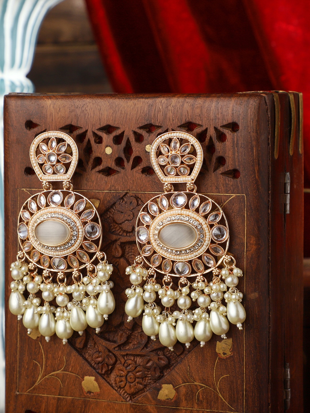 

PATOLA BY VJ Gold Plated Stones Studded & Beaded Contemporary Shaped Drop Earrings