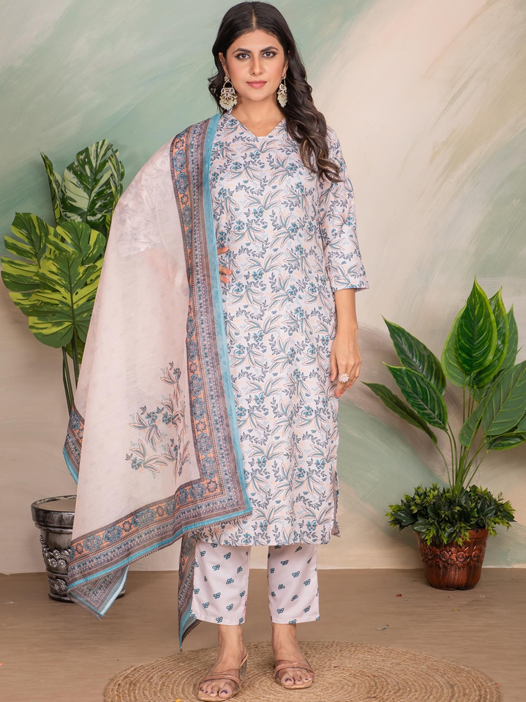 

Anara Floral Printed V-Neck Straight Kurta With Trousers & Dupatta, White