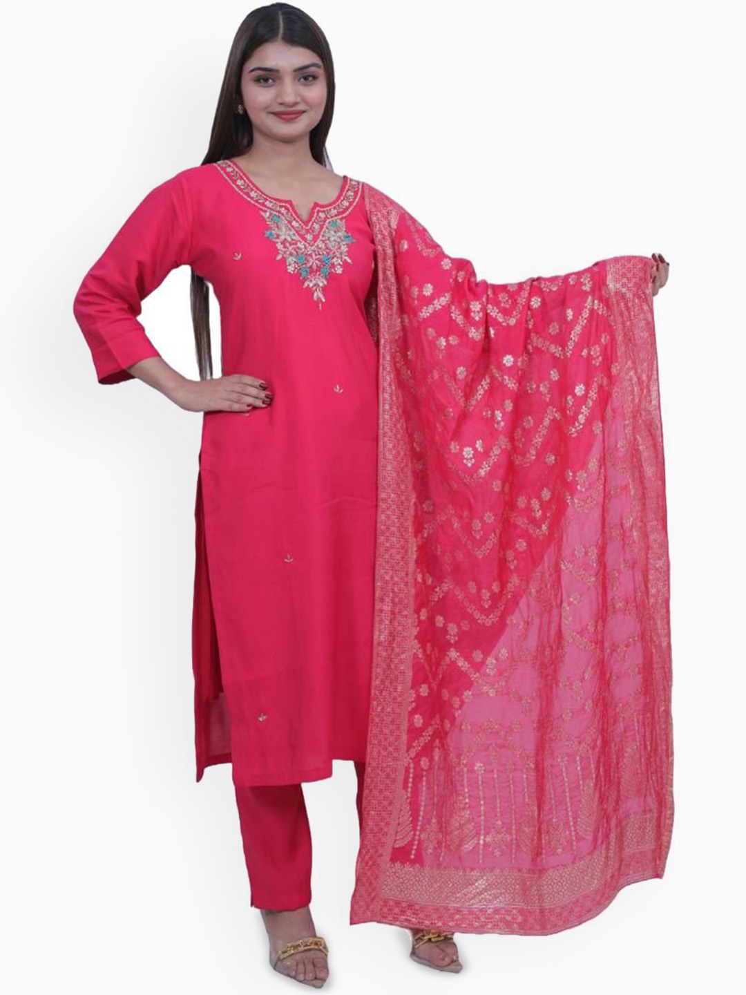 

Wavy Collection Floral Embroidered Sequinned Straight Kurta with Trouser & Dupatta, Pink