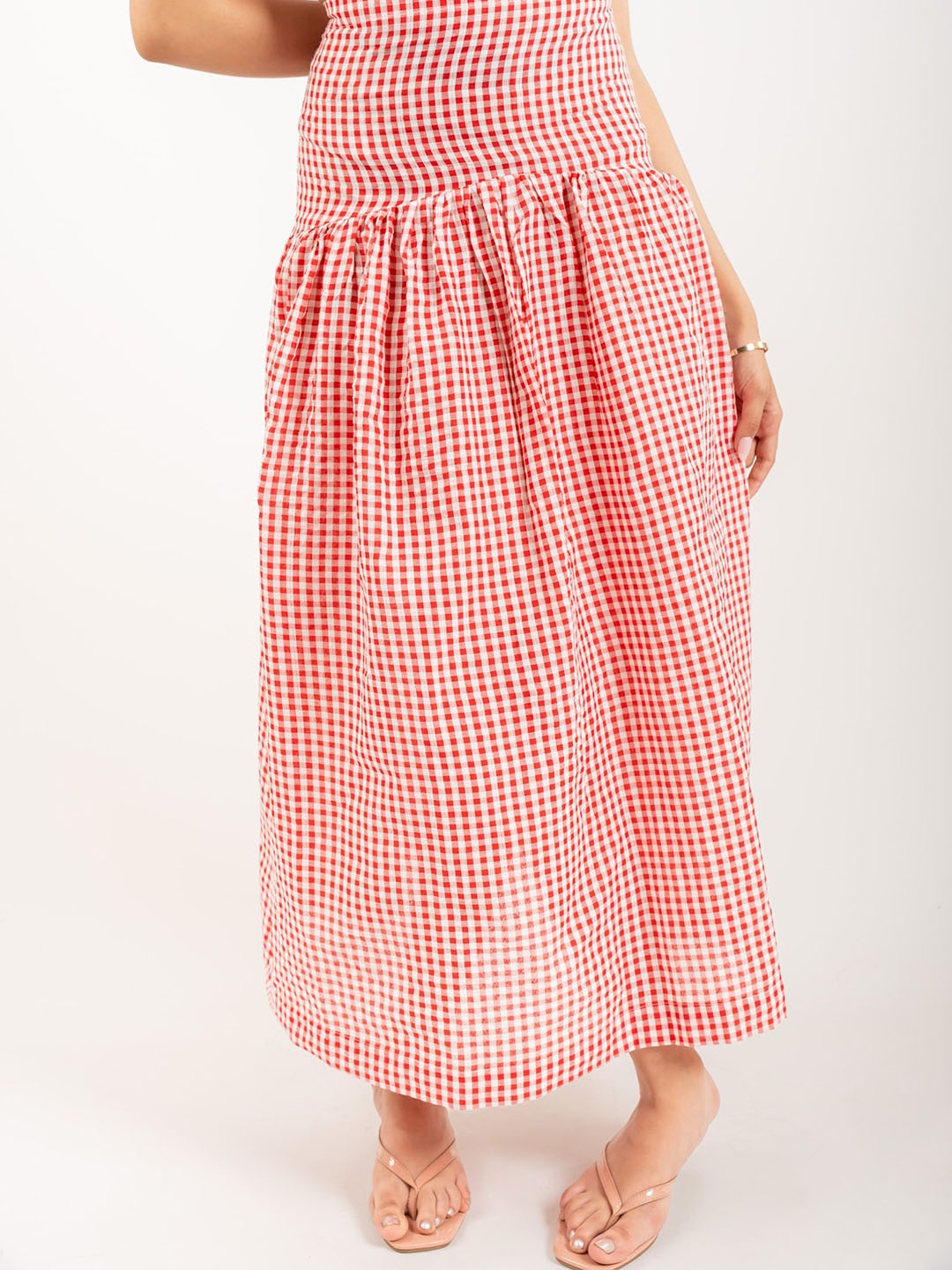

MONOMEE Checked Flared Maxi Skirt, Red