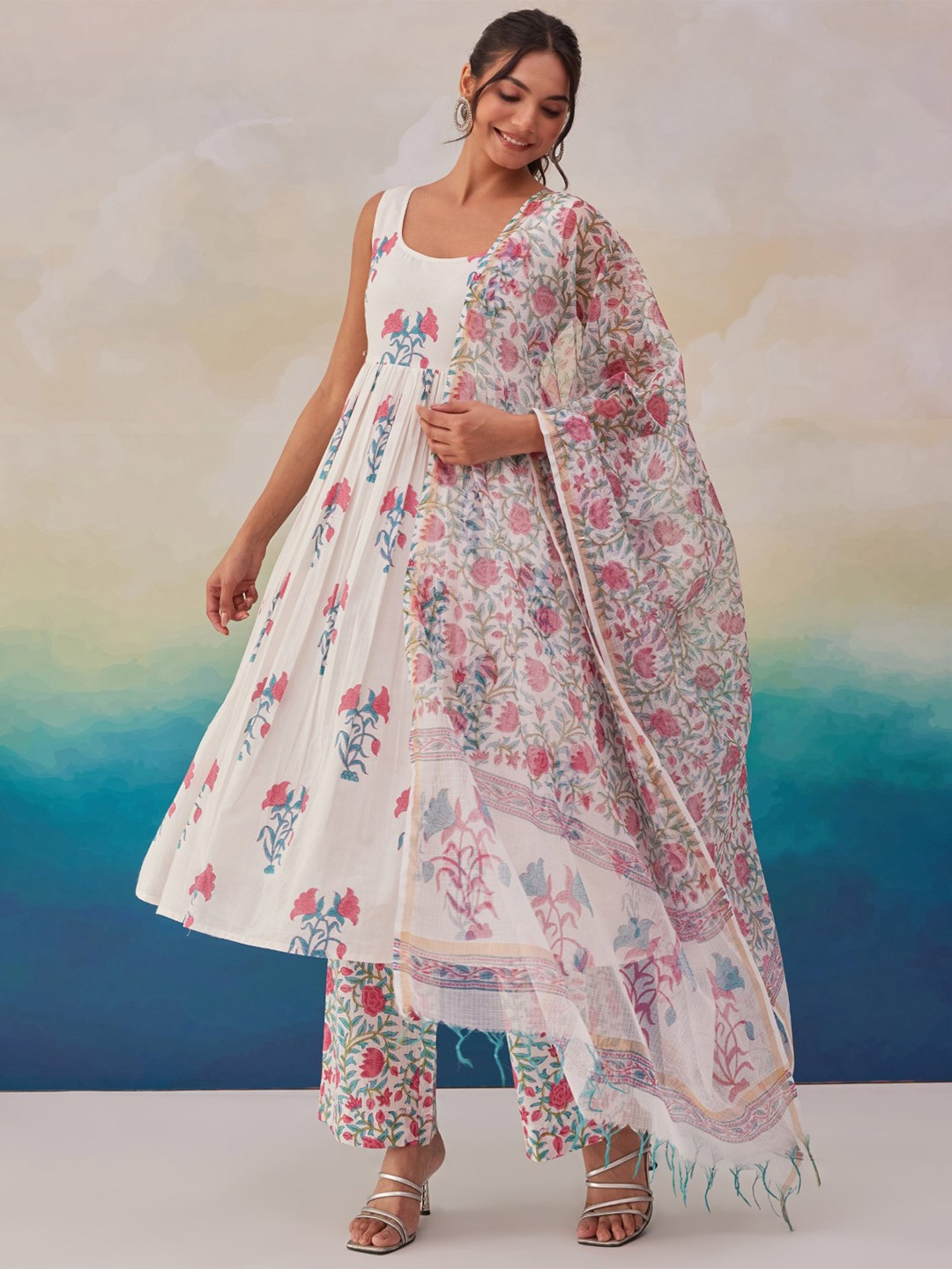 

AUTUMN LANE Floral Printed Pleated Pure Cotton Anarkali Kurta With Trouser & Dupatta, White
