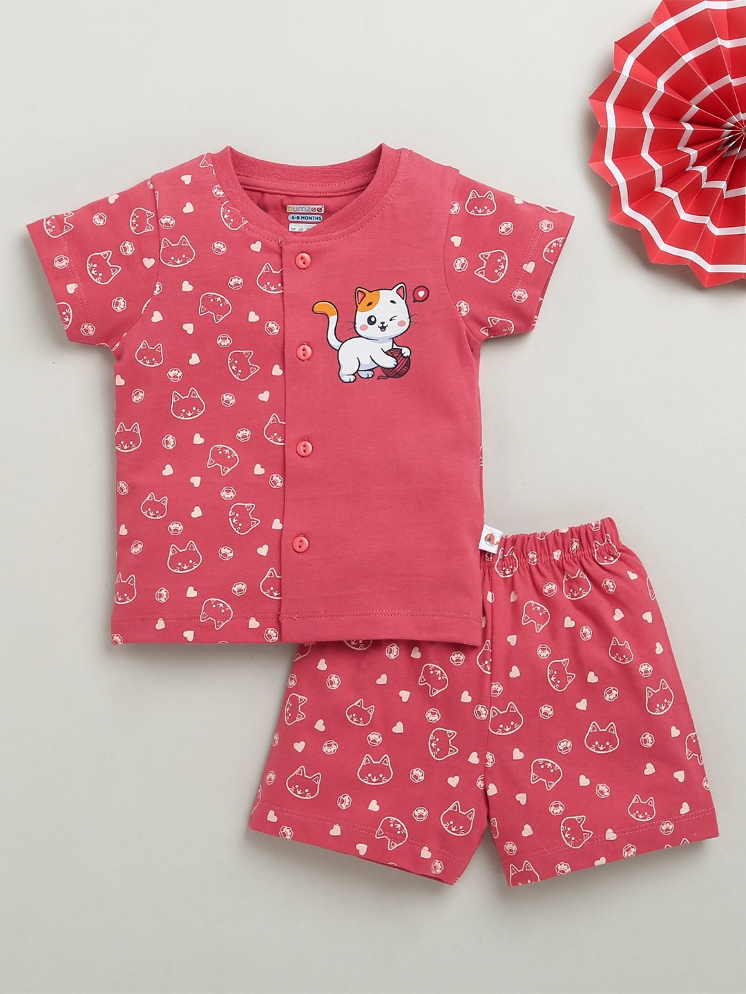

BUMZEE Boys Printed V-Neck Pure Cotton Jabla With Shorts, Red