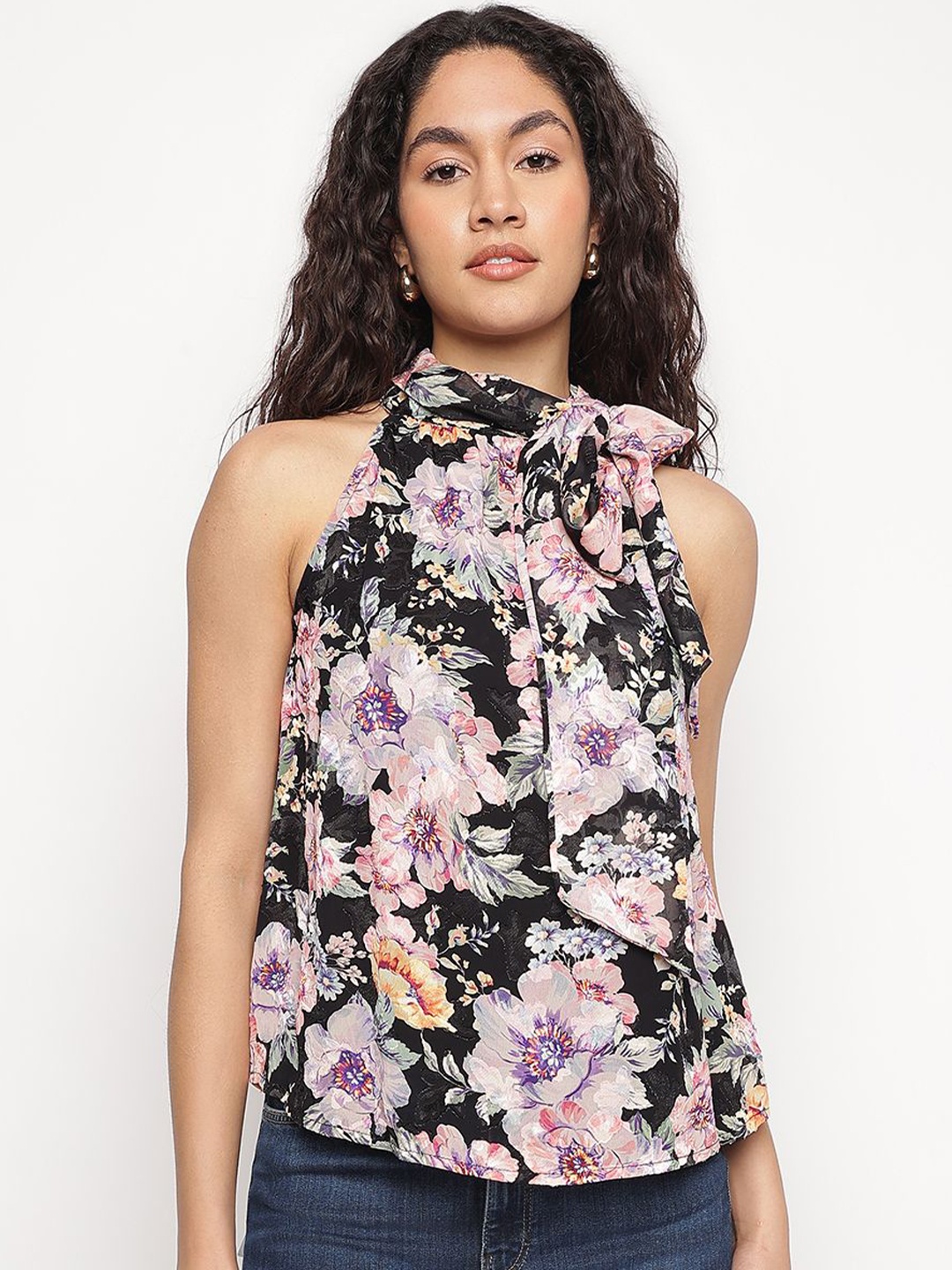 

GUESS Floral Print Halter Neck Top, Black