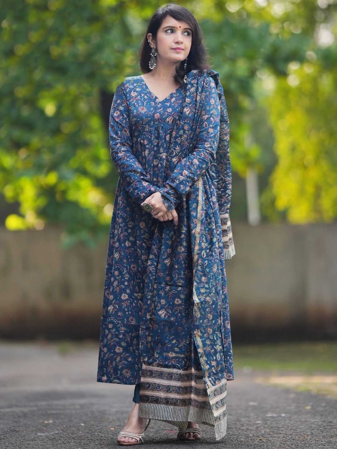 

KALINI Floral Printed Anarkali Kurta with Trousers & Dupatta, Blue