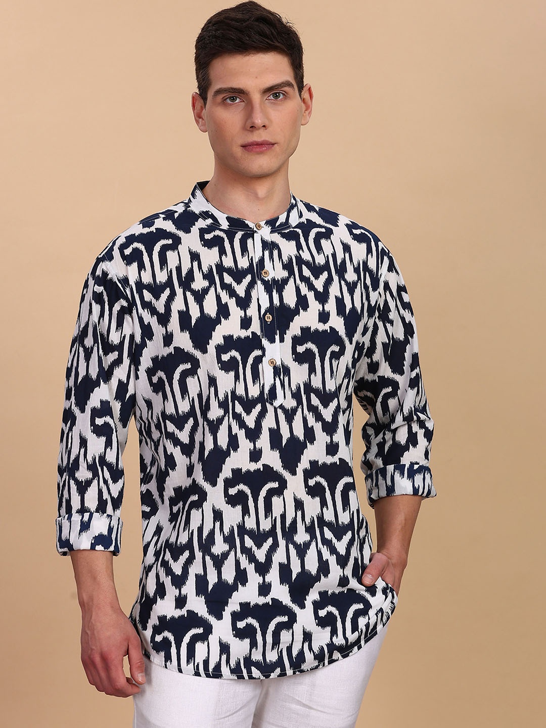 

Anouk Abstract Printed Ikat Technique Band Collar Straight Cotton Short Kurta, White