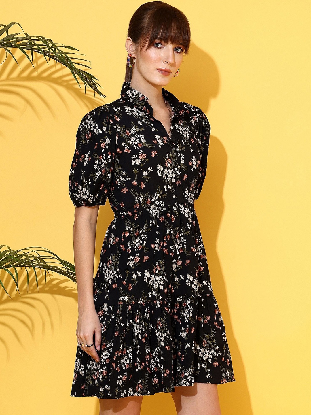 

De La Moda Floral Print Crepe Shirt Dress, Black
