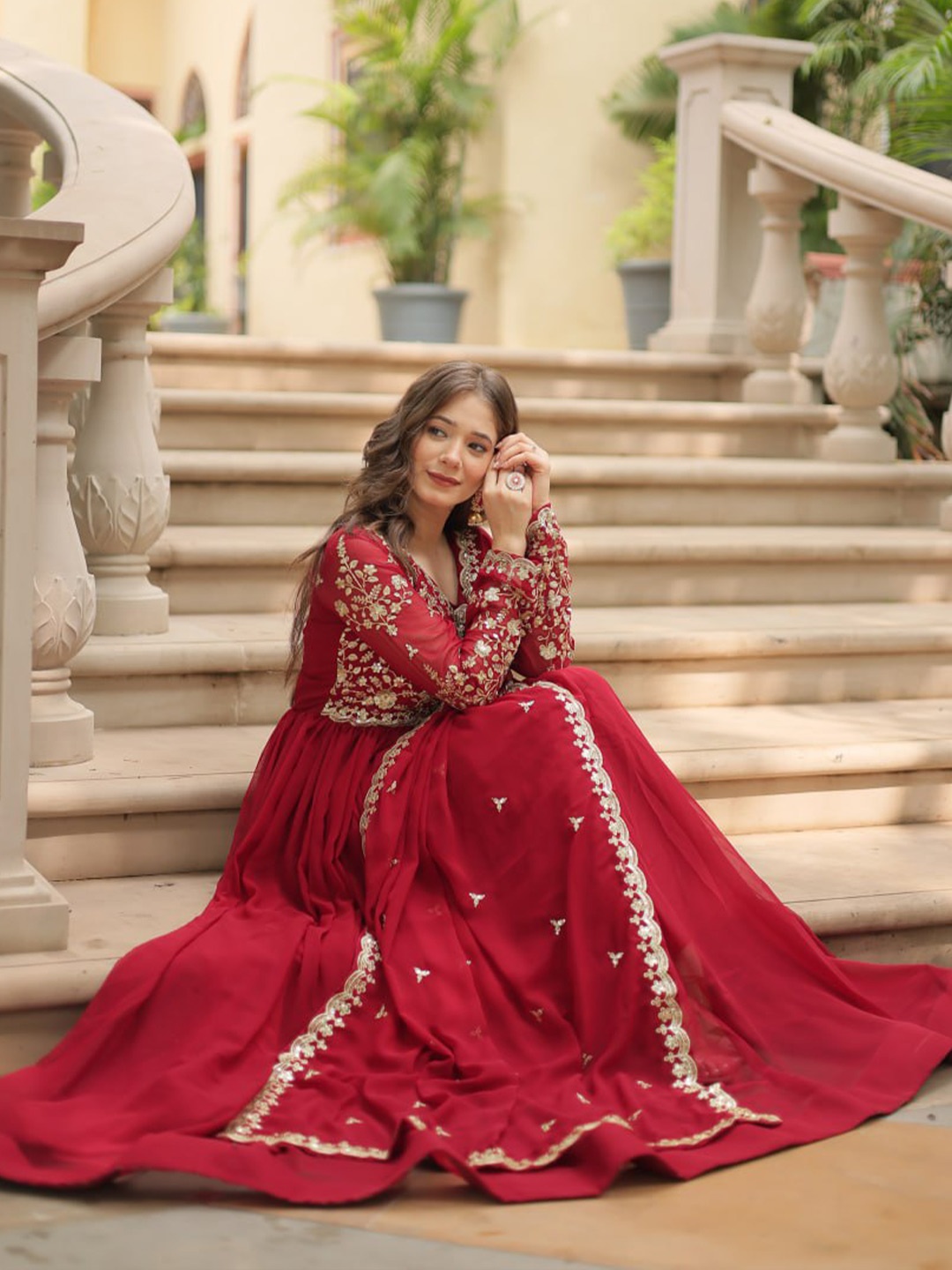 

ZIBLON Sequins Embroidered Fit & Flared Gown With Dupatta, Maroon
