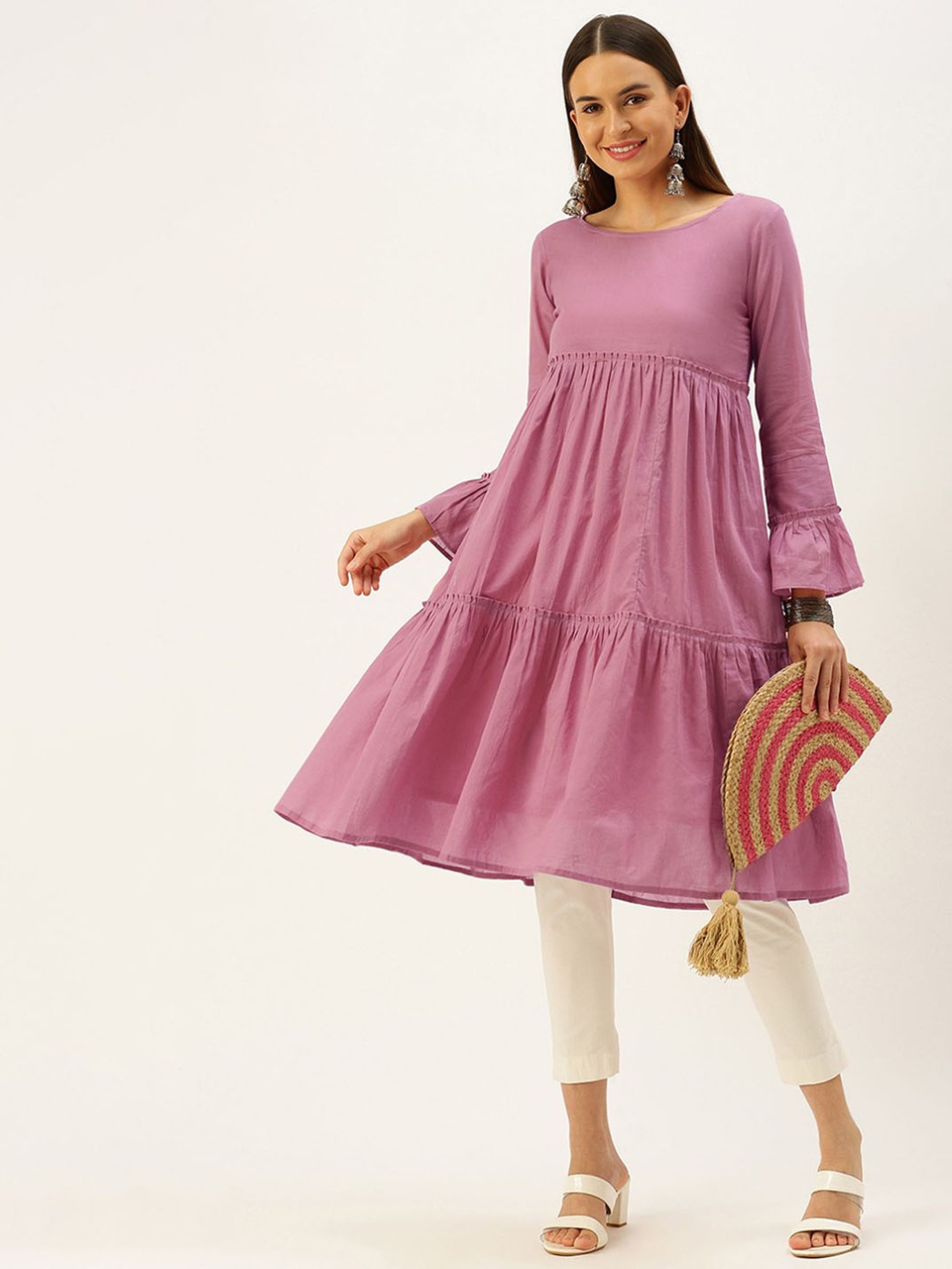 

DIVASTRI Cotton Tiered A Line Kurta, Pink