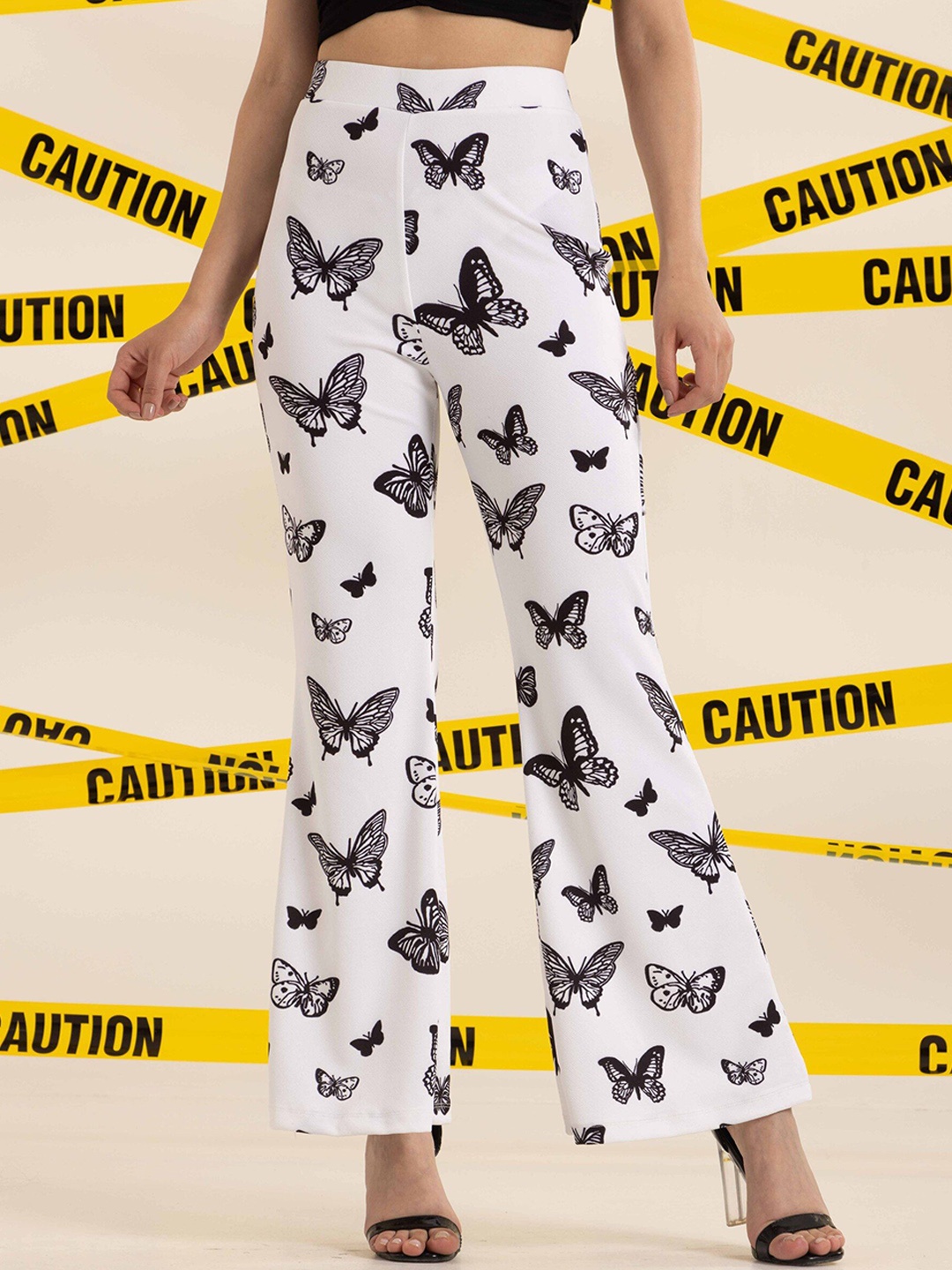 

BAESD Women Printed Original Straight Fit Wide Leg Trousers, White
