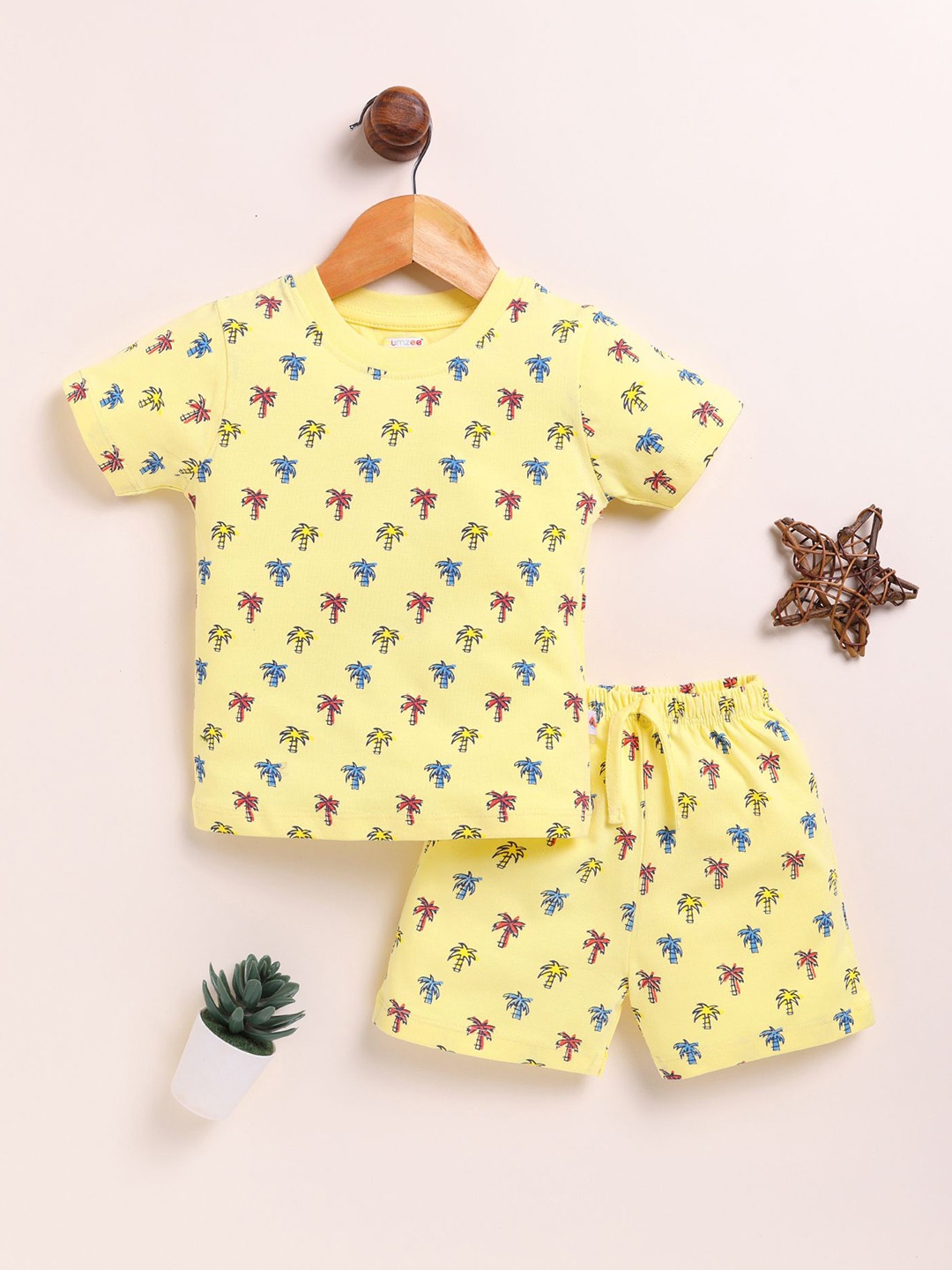 

BUMZEE Boys Printed Round Neck Pure Cotton T-Shirt With Shorts, Yellow