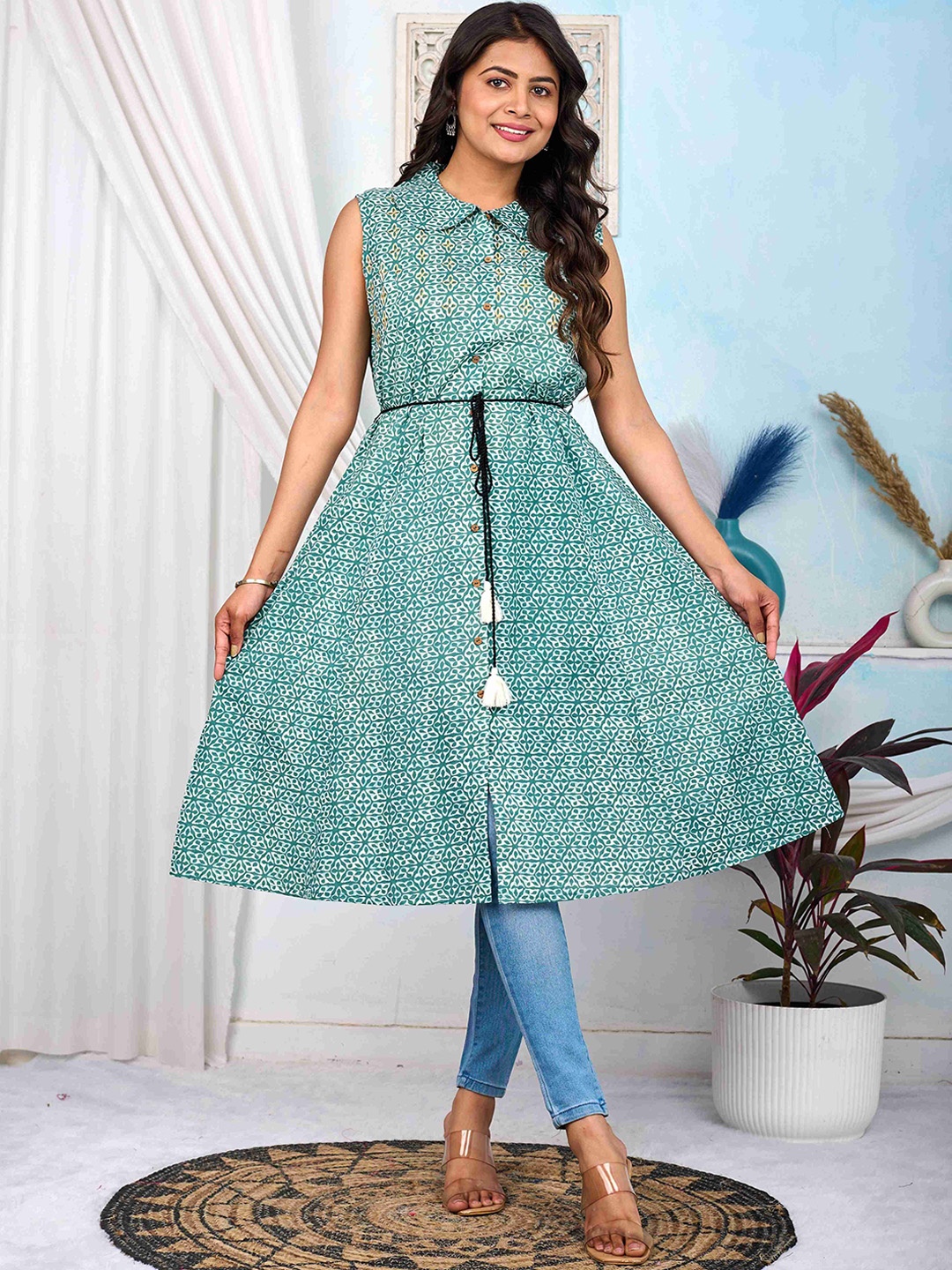 

MissKurti Ethnic Motifs Printed Pure Cotton A-Line Kurta, Green