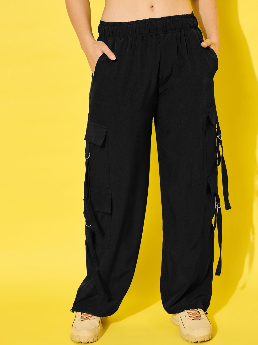 

BUY NEW TREND Women Relaxed Loose Fit High-Rise Cargos Trousers, Black