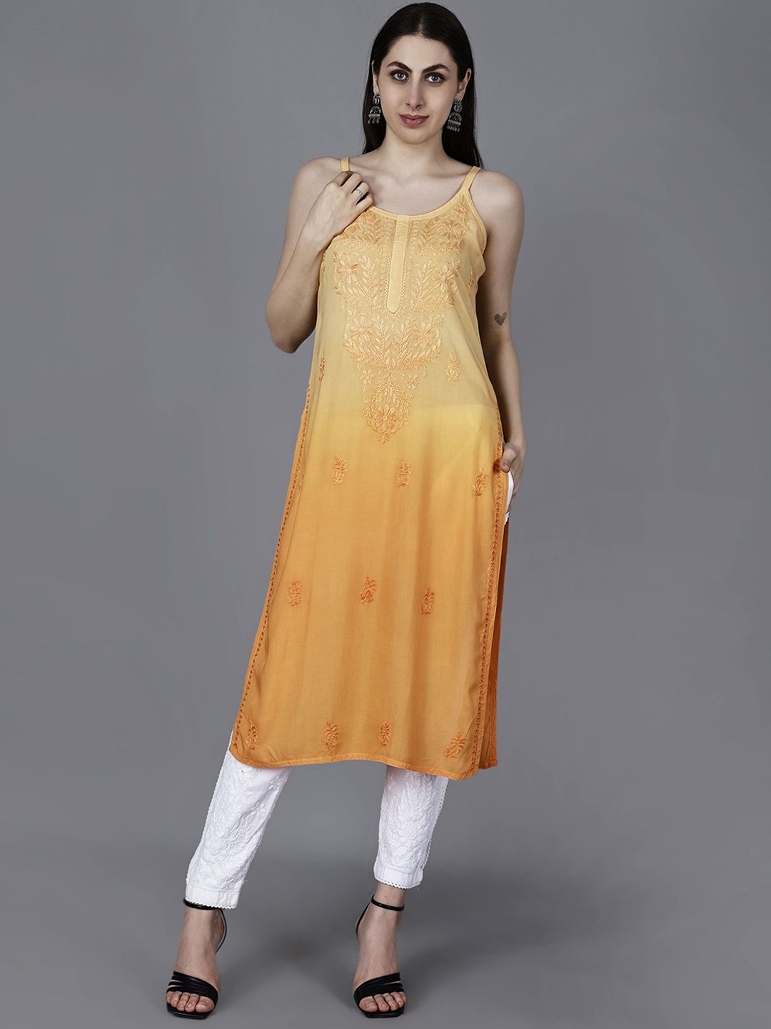 

NAZAQAT ETHNIC INDIA Floral Embroidered Chikankari Shoulder Straps Modal Kurta, Mustard