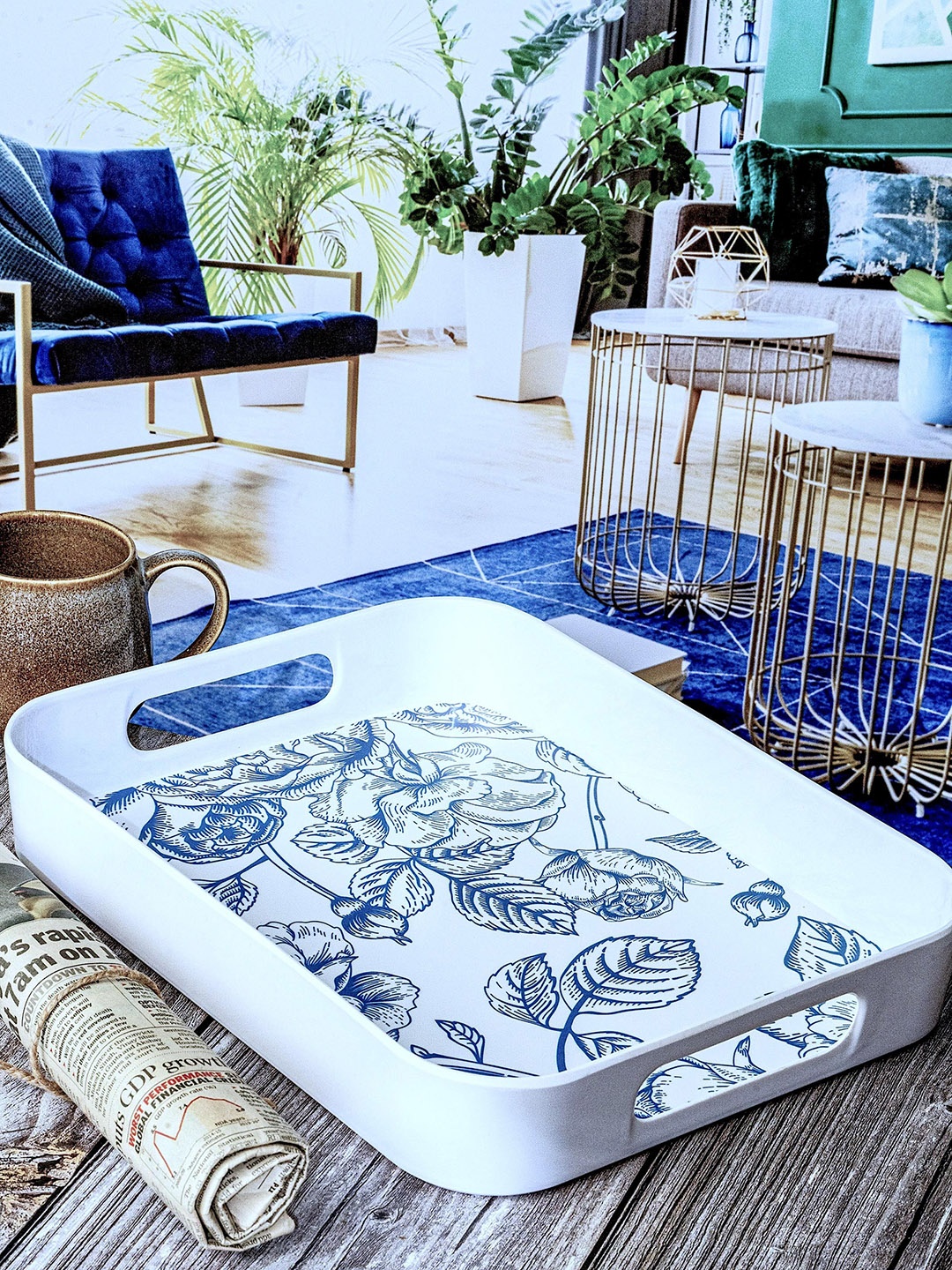 

GOODHOMES White & Blue Floral Printed Melamine Rectangular Serving Tray