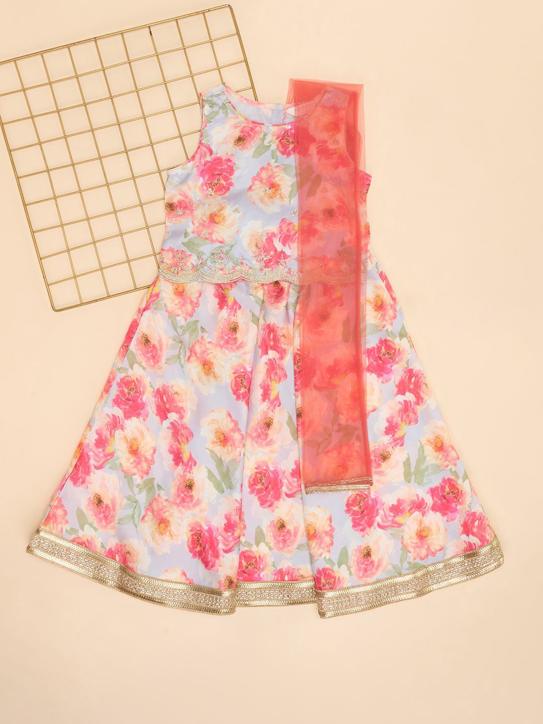 

AKKRITI BY PANTALOONS Girls Floral Printed Ready to Wear Lehenga & Blouse With Dupatta, Grey
