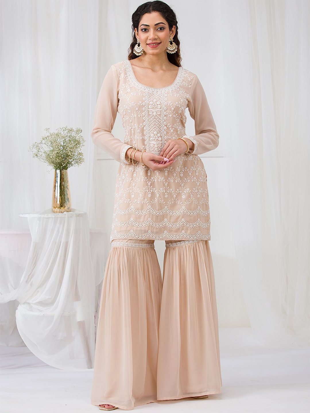 

Koskii Floral Embroidered Round Neck Thread Work Georgette Kurti With Sharara & Dupatta, Beige