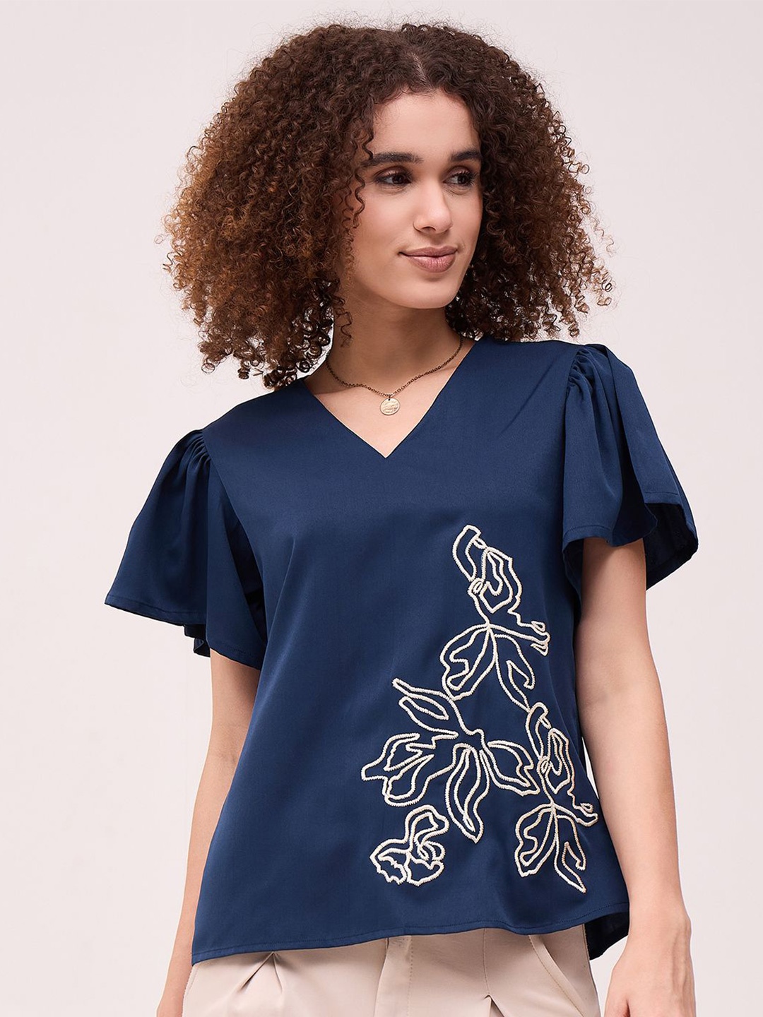 

DressBerry Floral Flutter Sleeve Crepe Top, Blue