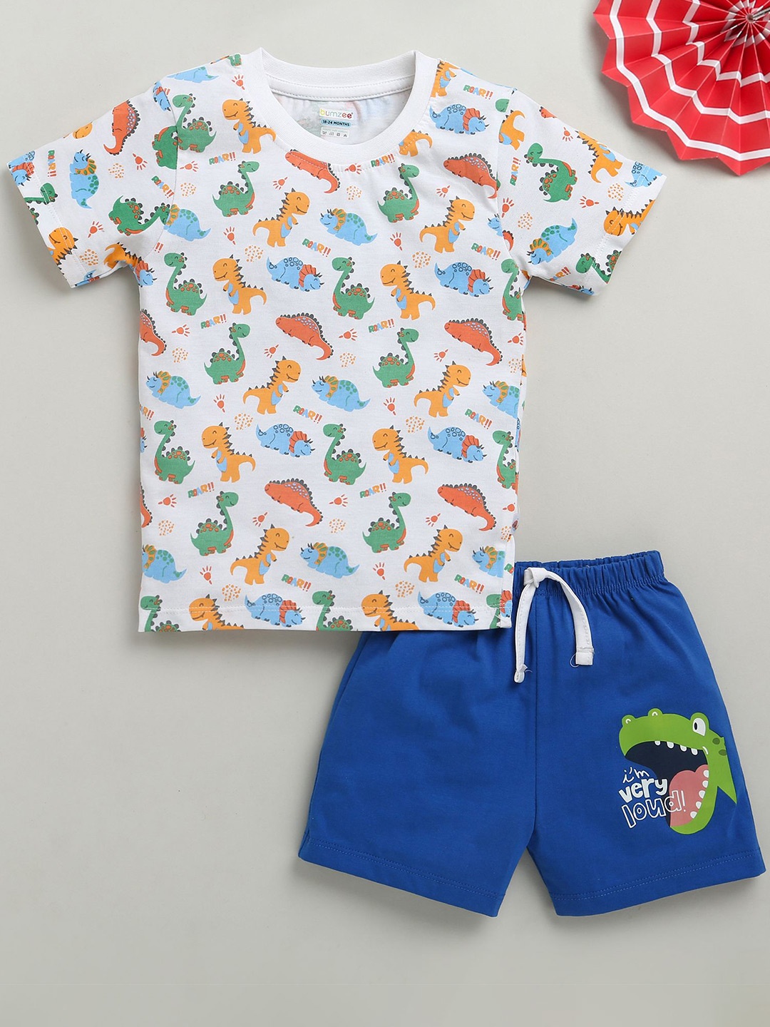 

BUMZEE Boys Printed Round Neck Pure Cotton T-Shirt With Shorts, White