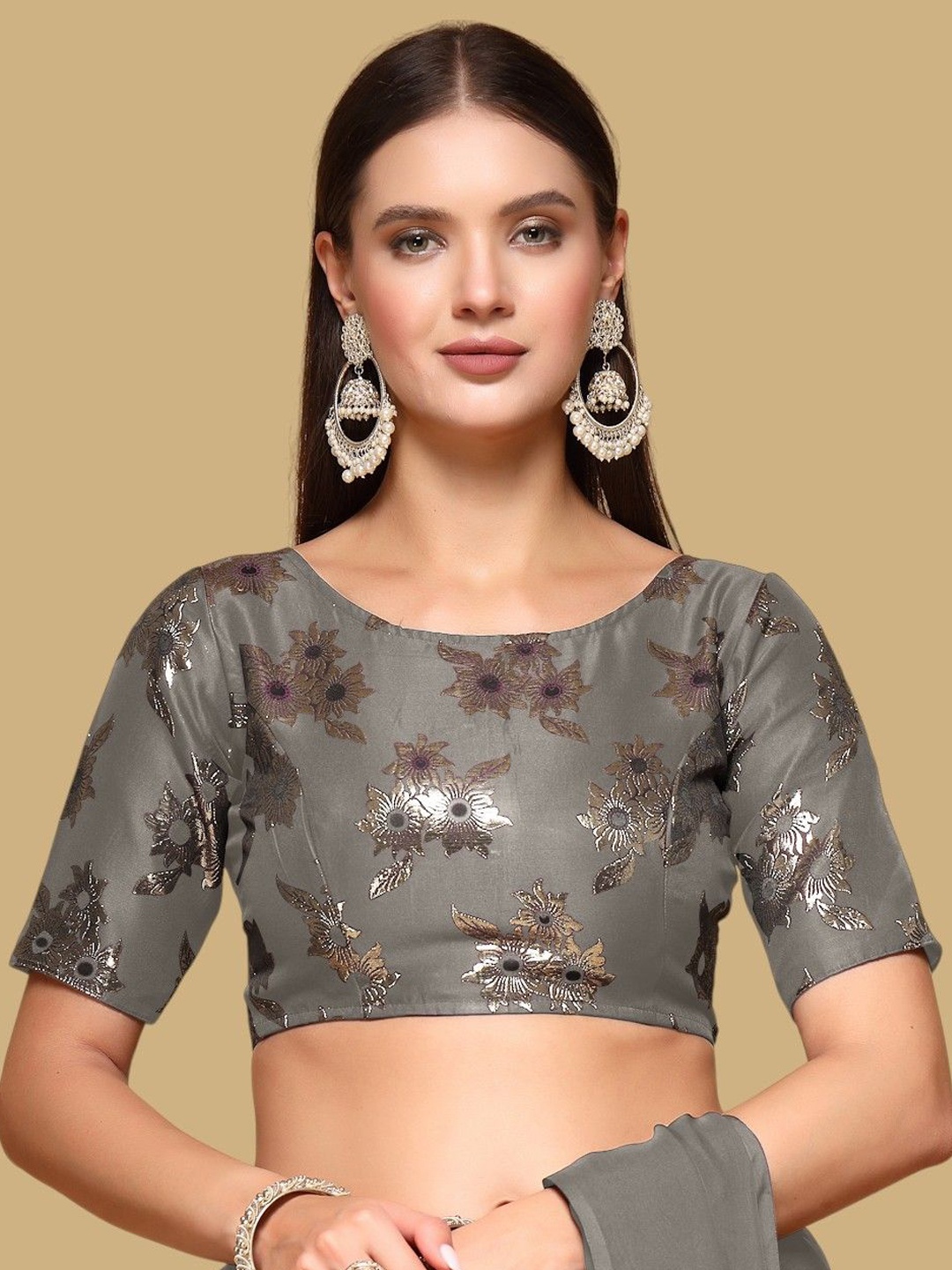 

Oomph! Women Woven Design Jacquard Traditional Saree Blouse, Grey