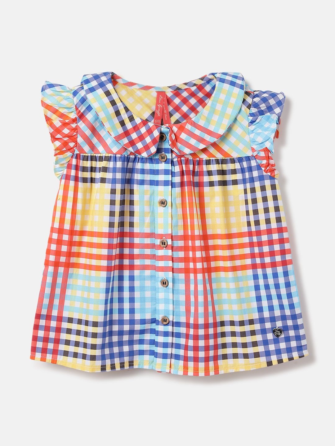 

Blue Giraffe Checked Peter Pan Collar Cotton Top, Multi