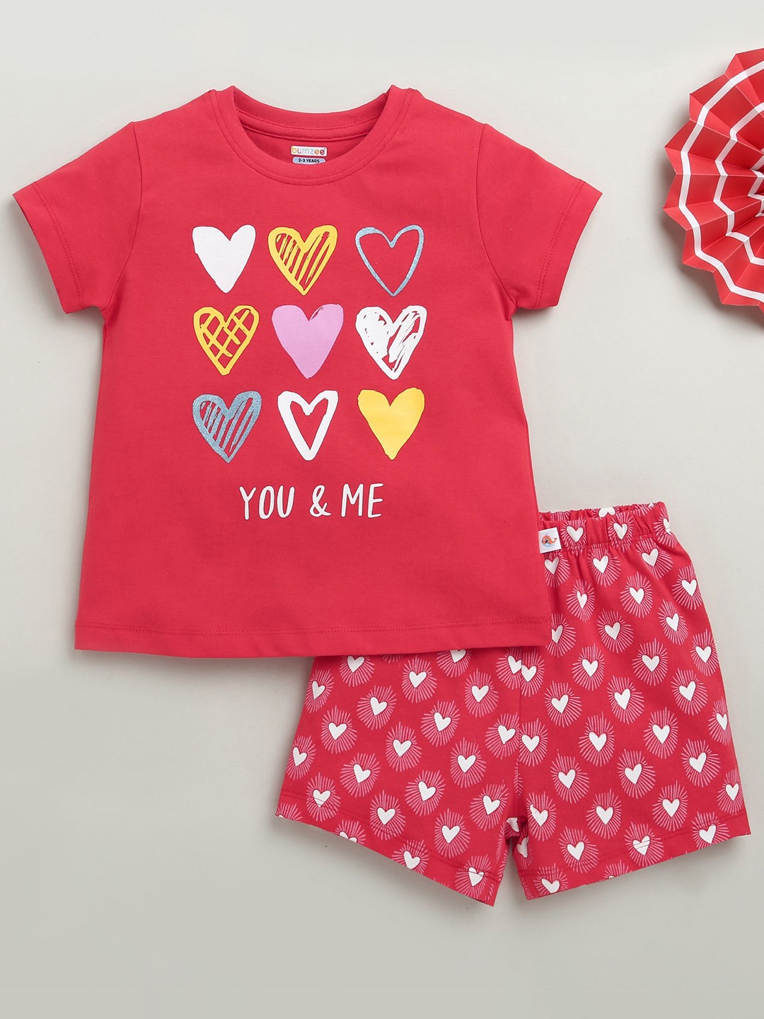 

BUMZEE Girls Printed Round Neck Pure Cotton T-Shirt With Shorts, Red