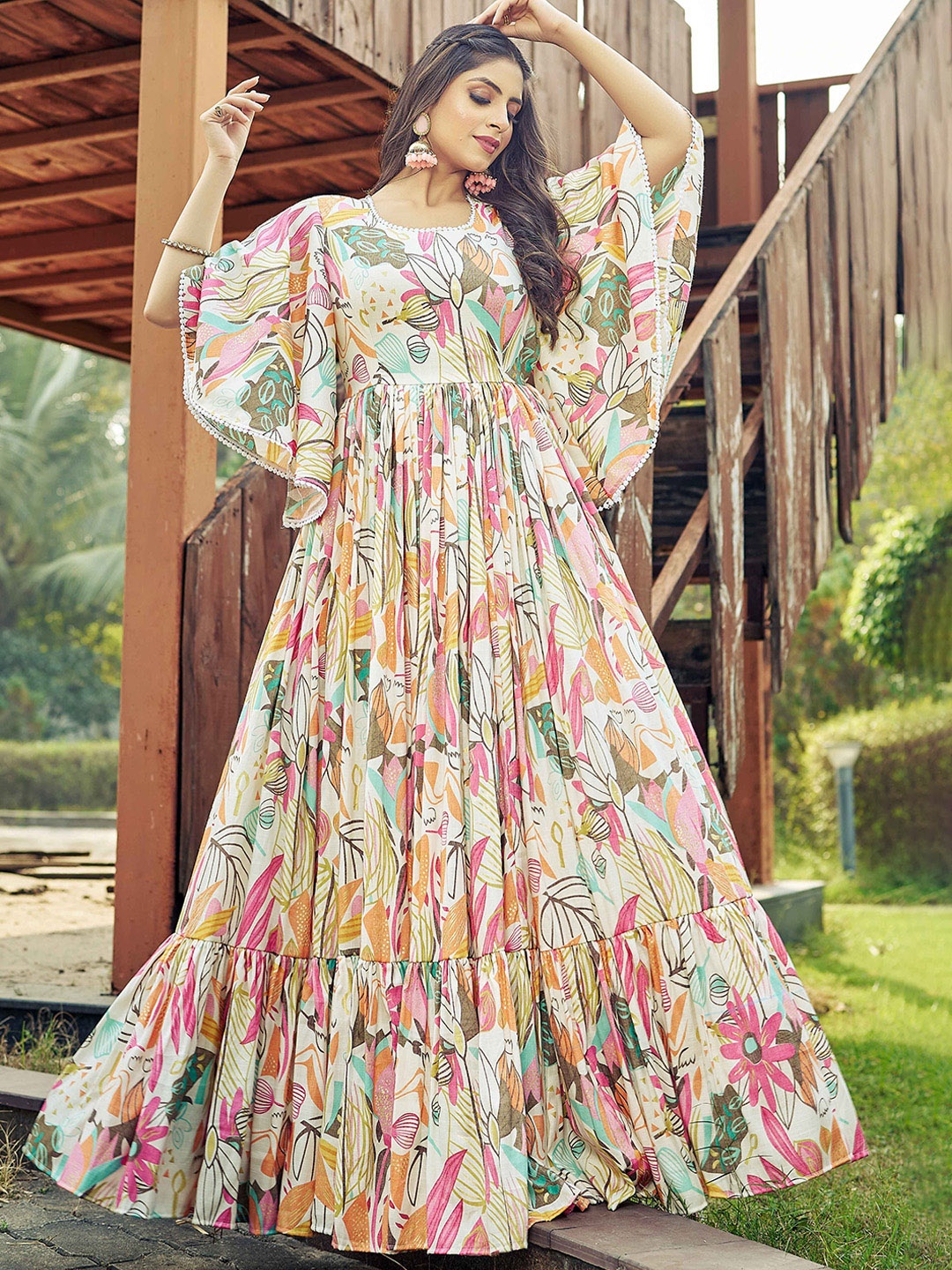 

Chandbaali Printed Cotton Fit & Flare Maxi Gown Dress, Off white