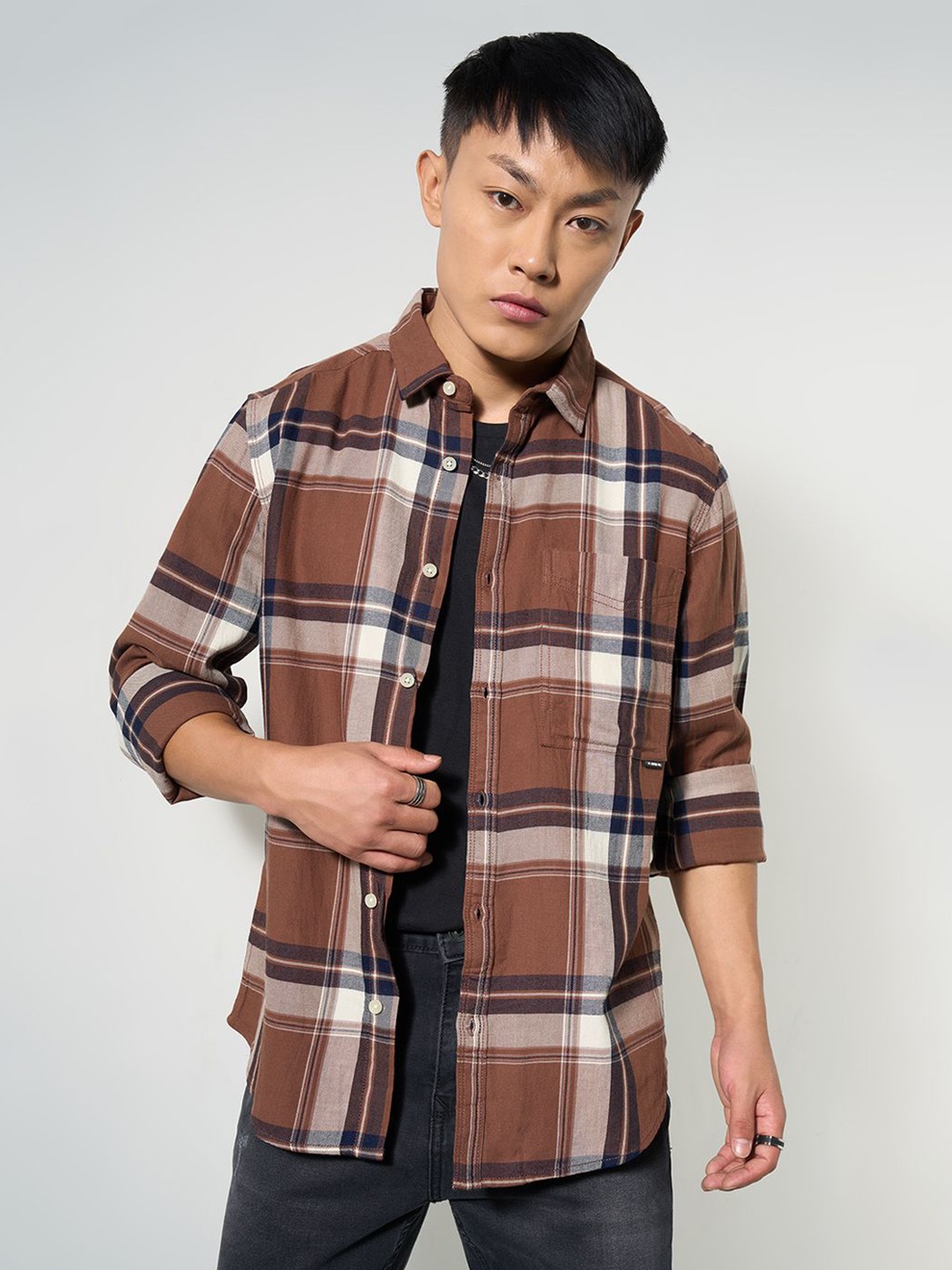 

SF JEANS by Pantaloons Men Slim Fit Tartan Checks Opaque Casual Shirt, Tan