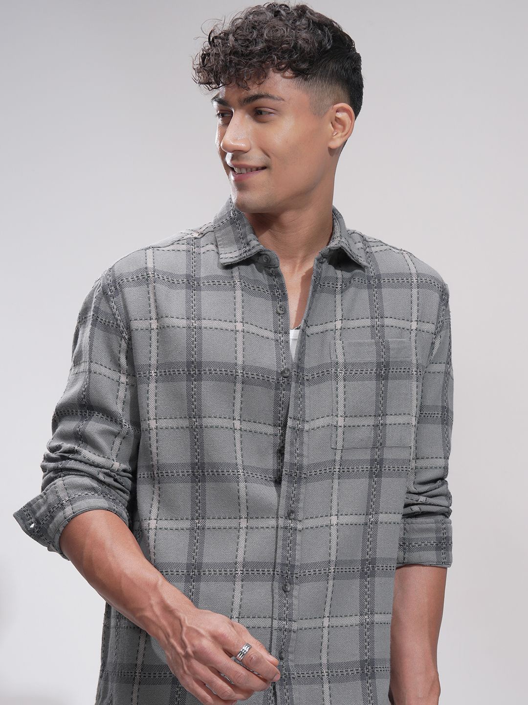 

HIGHLANDER Men Comfort Opaque Checked Casual Shirt, Grey