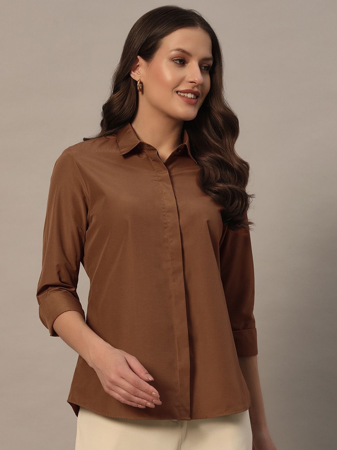 

BAESD Women Slim Fit Opaque Casual Shirt, Brown