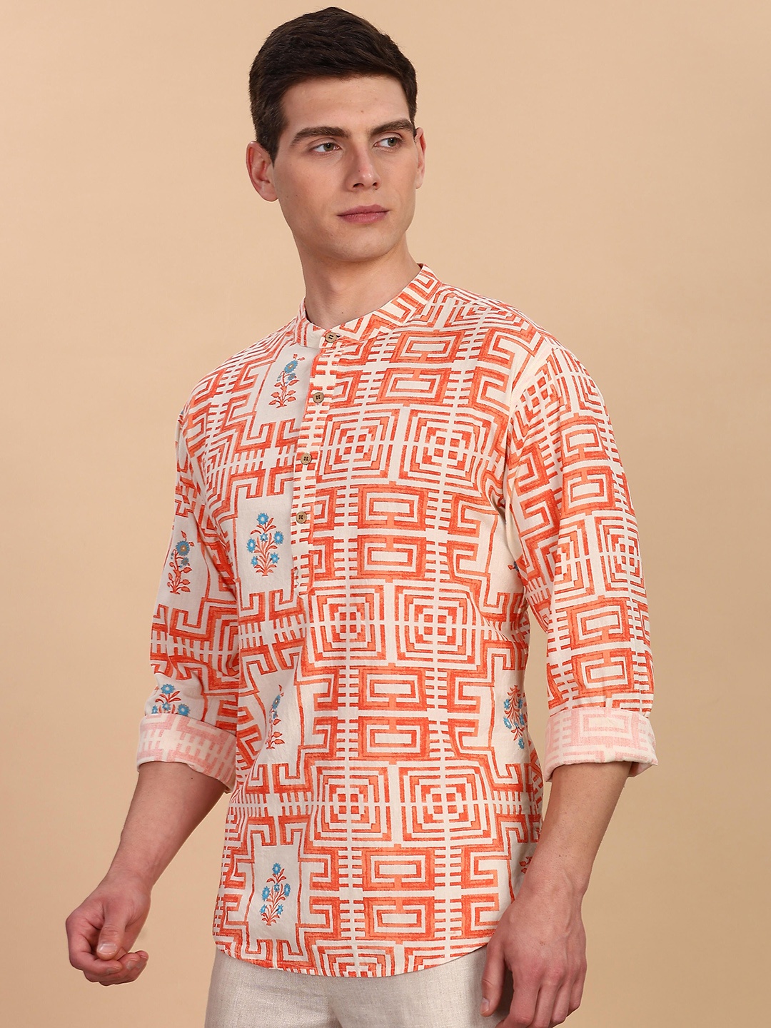 

Anouk Ethnic Motifs Printed Band Collar Pure Cotton Short Kurta, White