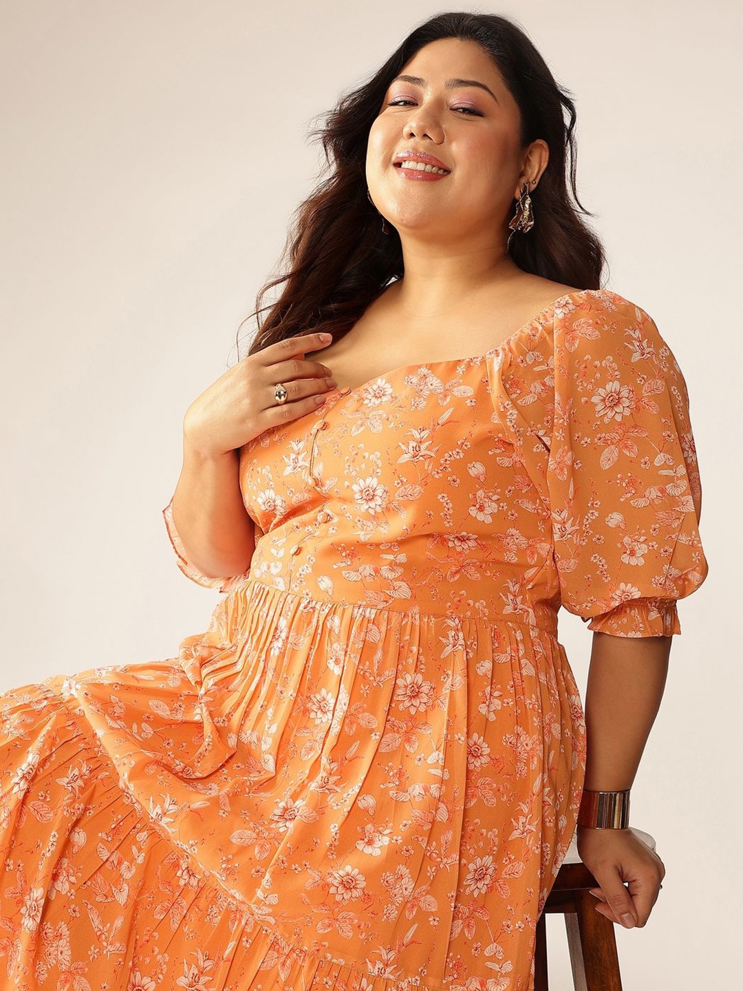 

Janasya Floral Print Puff Sleeve Georgette Fit & Flare Midi Dress, Orange