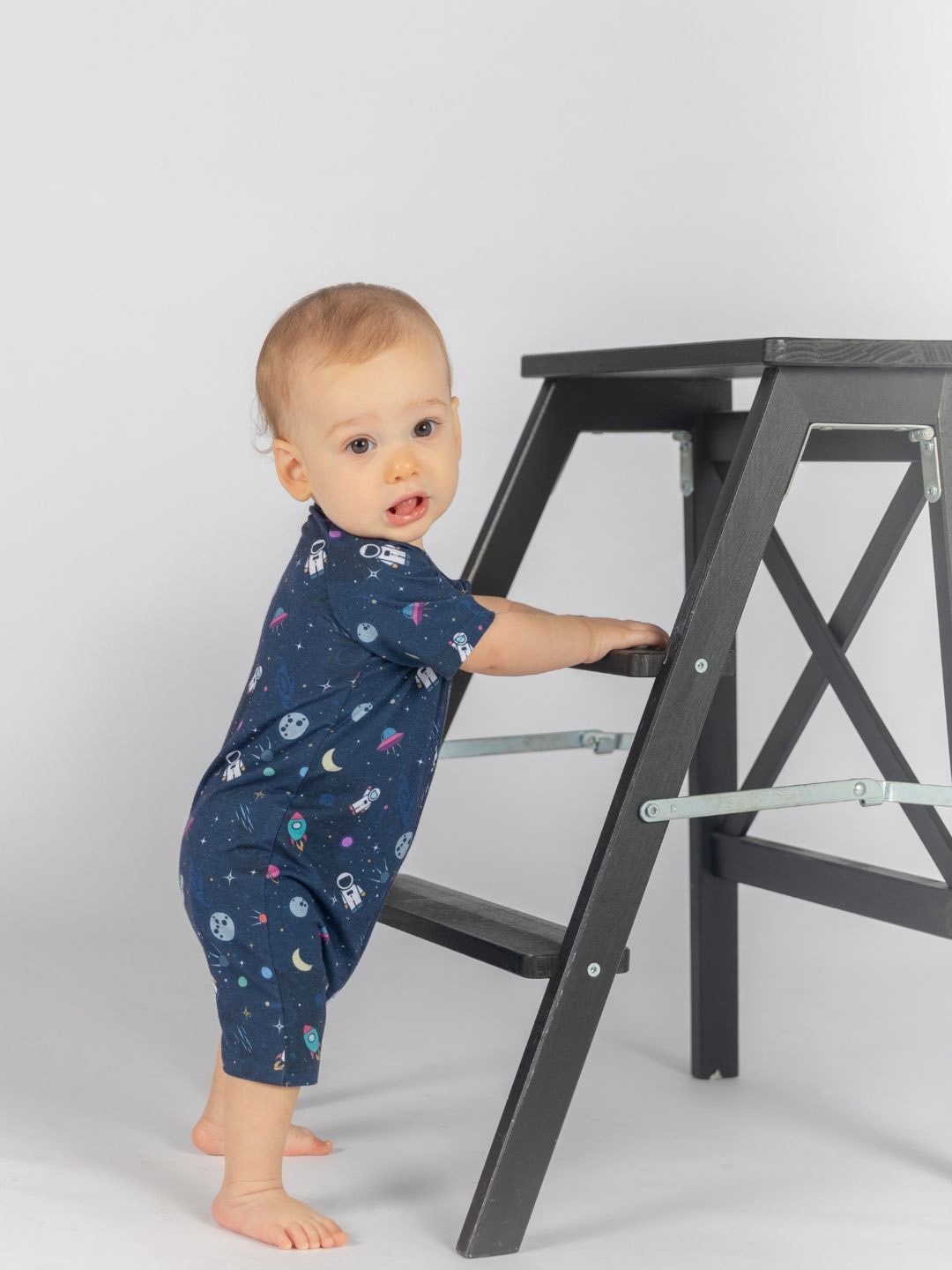 

THE PLUSH CLUB Infants Space Rocket Printed Round Neck Rompers, Blue