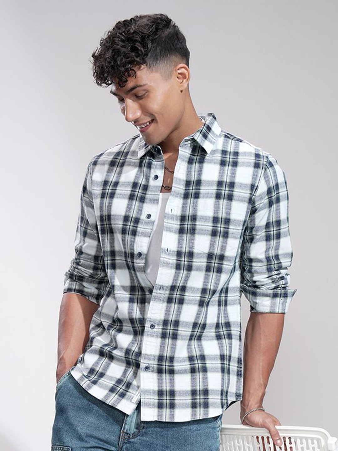 

HIGHLANDER Men Comfort Slim Fit Opaque Checked Casual Shirt, Green