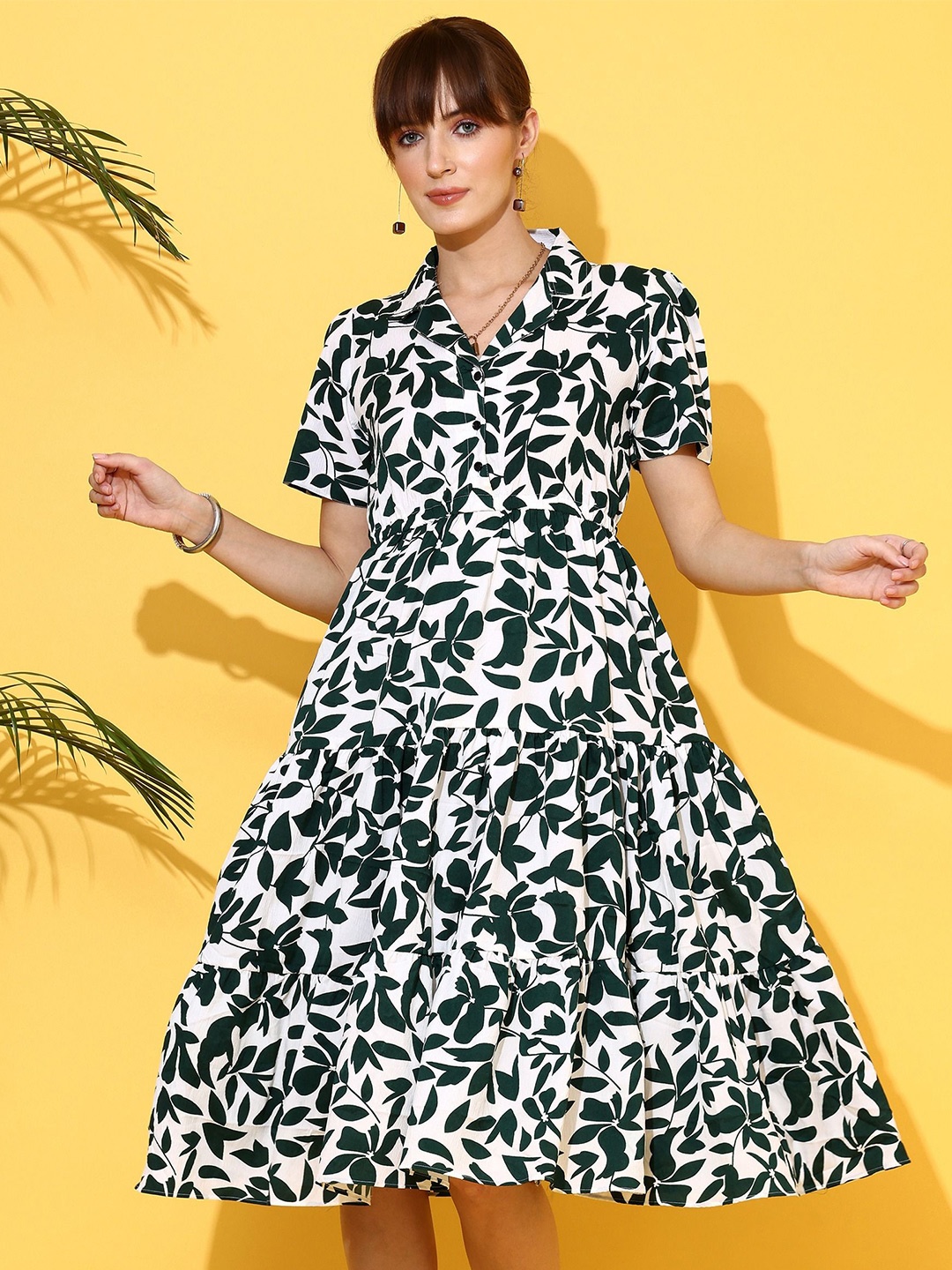 

De La Moda Floral Print Crepe Shirt Midi Dress, White