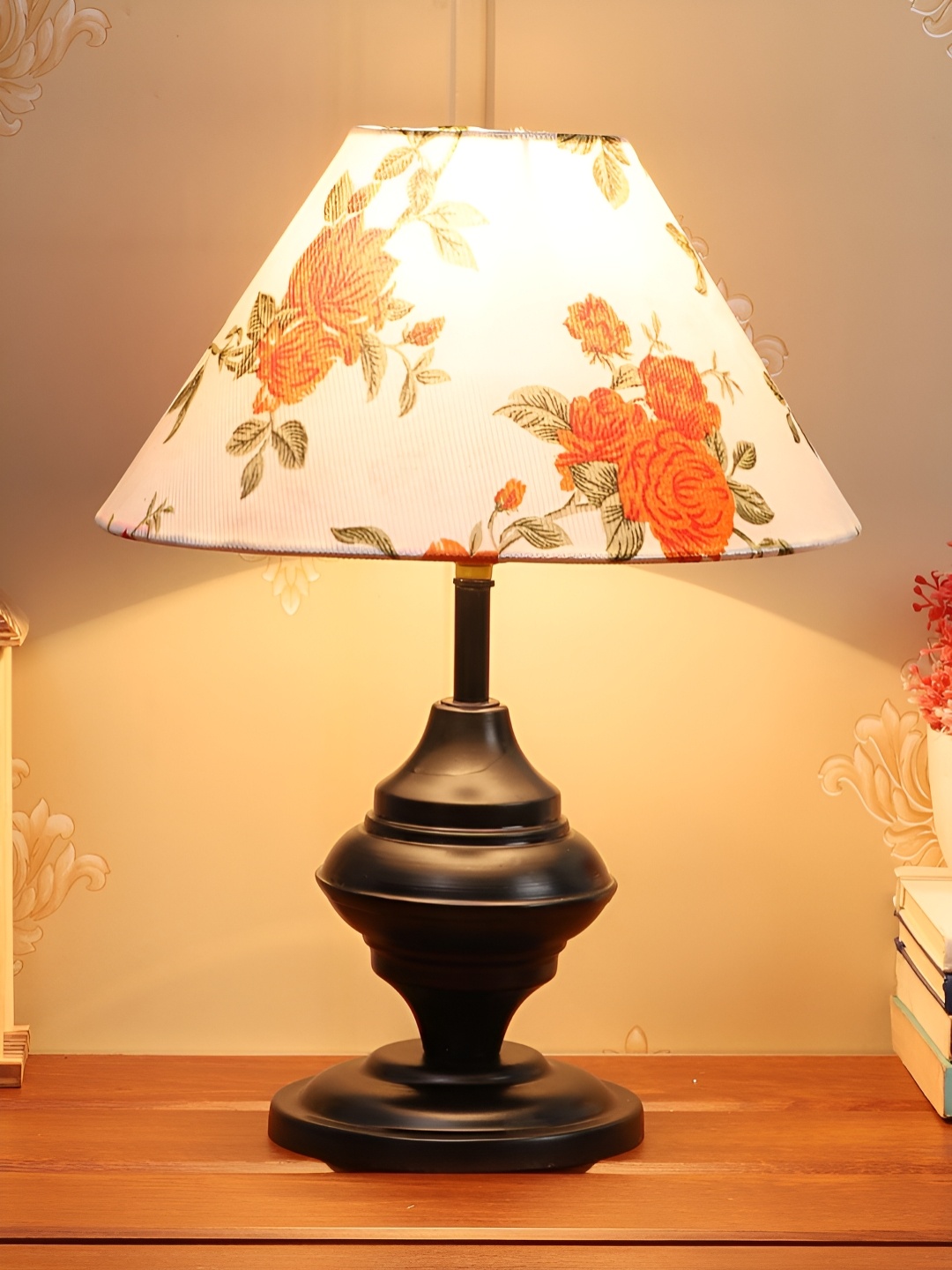 

BrightDaisy White & Orange Floral Printed Frustum Shaped Table Lamp